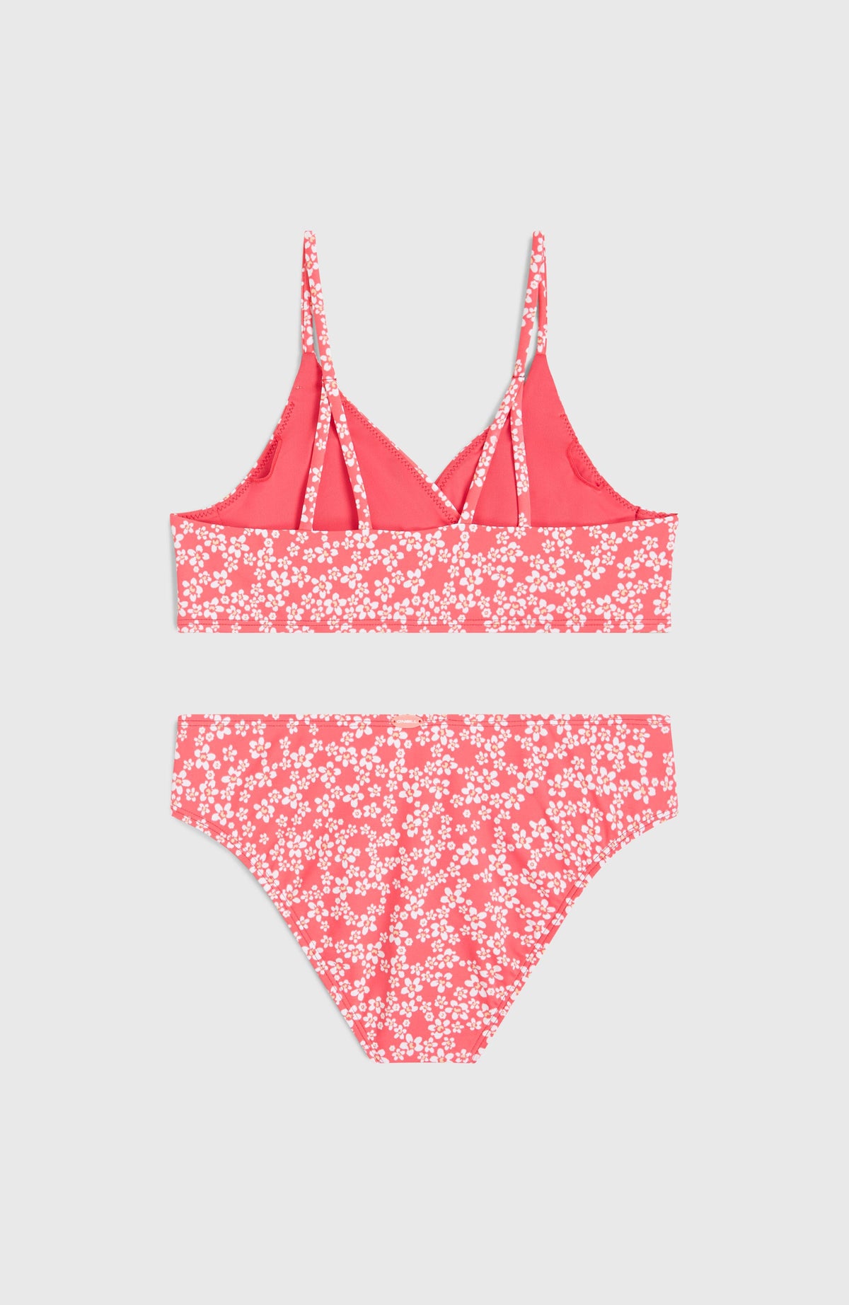 Pinkes Bralette-Bikini-Set für Mädchen mit Blumenmuster in Weiß, flach liegend von hinten