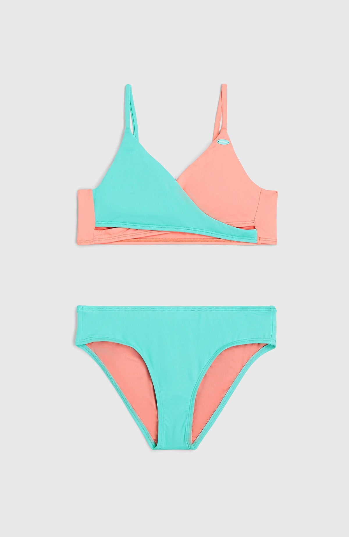Blaues Bralette-Bikini-Set für Mädchen, flach liegend von vorne, Wickeloptik am Oberteil