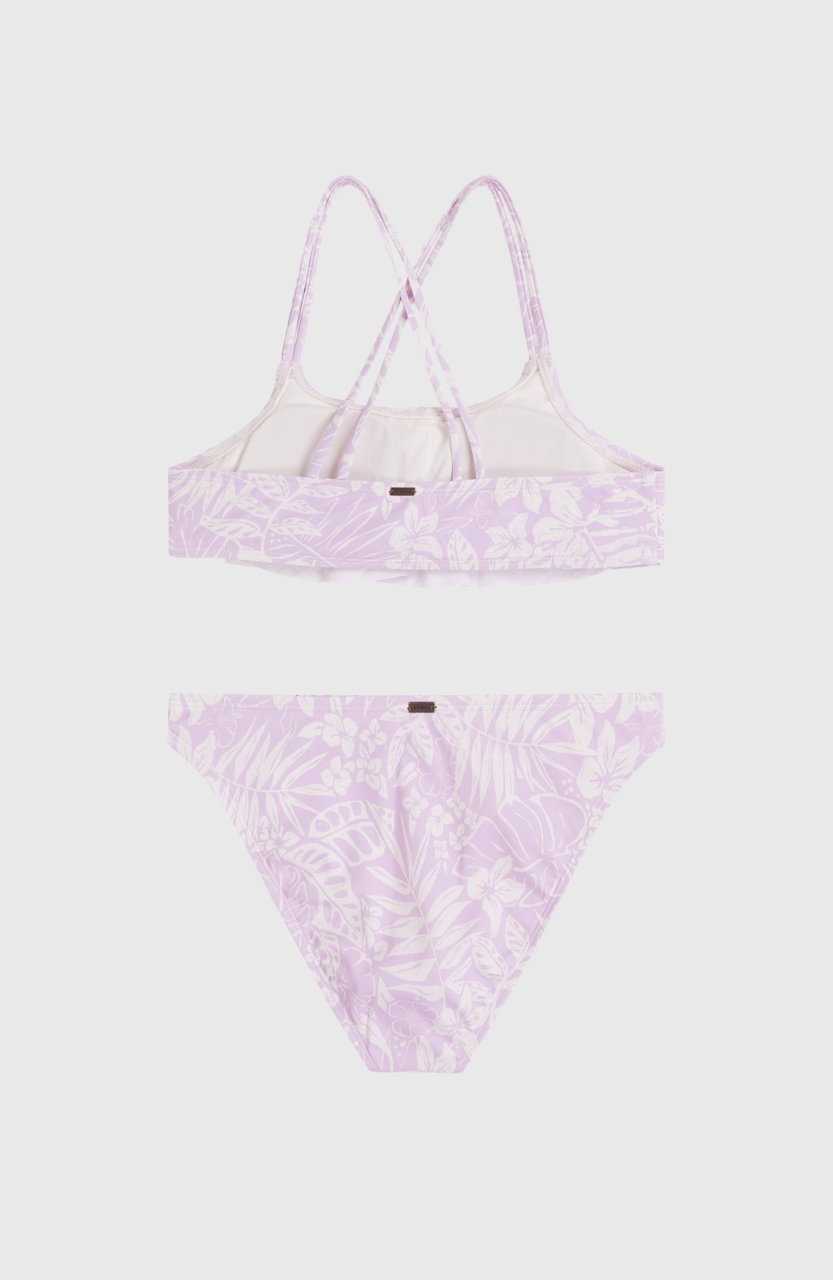 Tropics Bikini-Set für Mädchen, lila mit Tropenmuster in Weiß, flach liegend von hinten