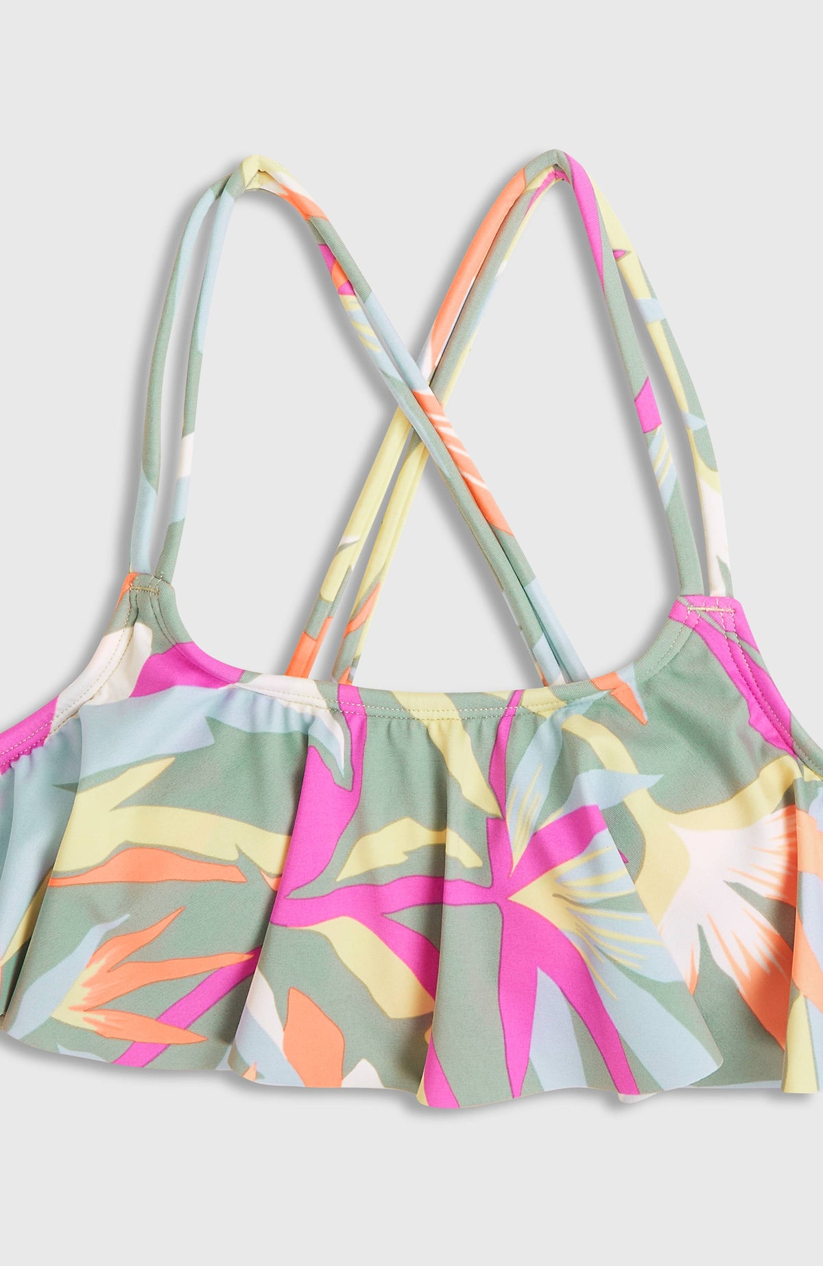 Tropics Bikini-Set für Mädchen, grün, flach liegend, Nahaufnahme des Bikinioberteils mit Rüschensaum