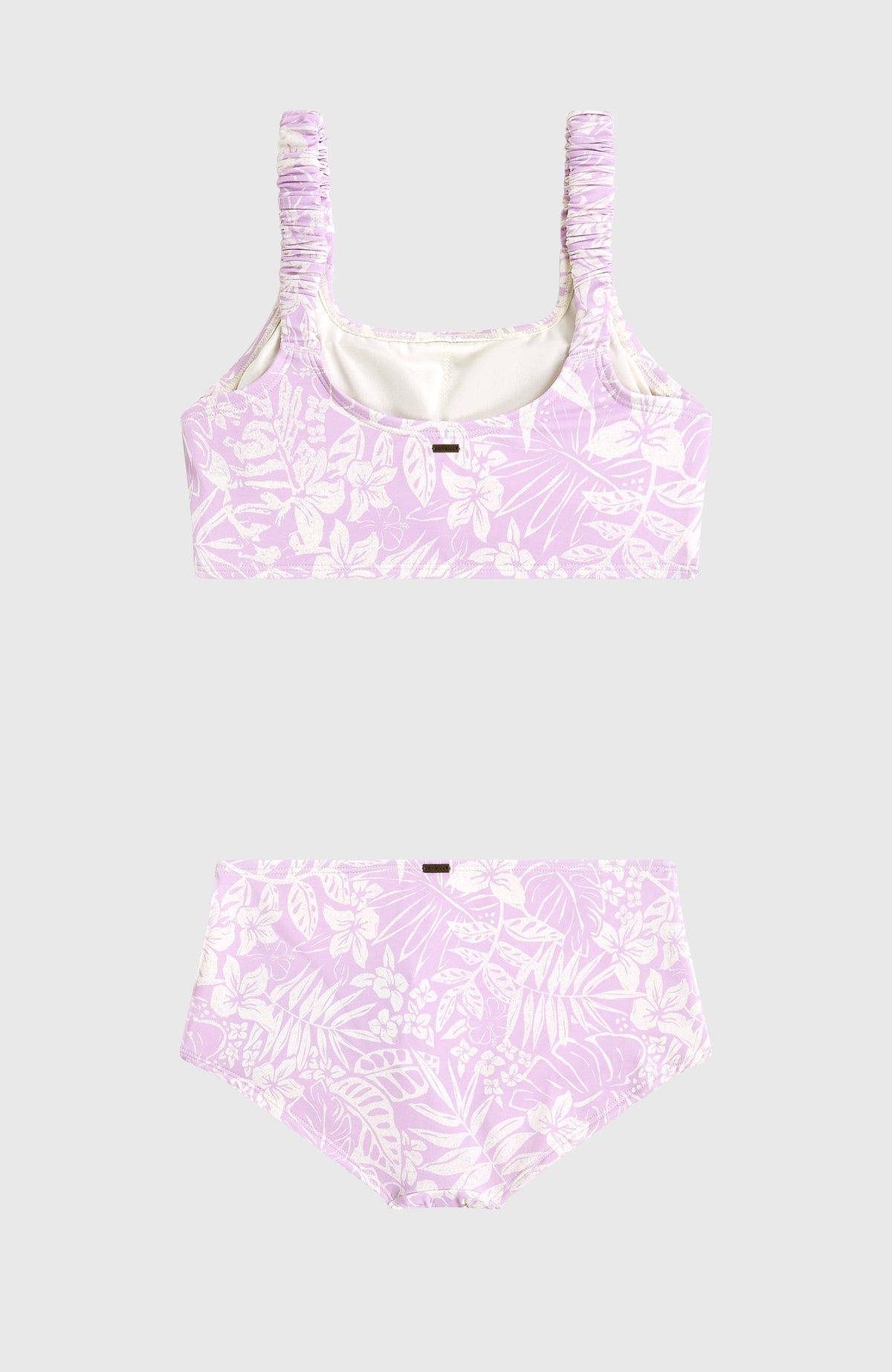 Holiday Bikini-Set für Mädchen, lila mit Blumenmuster in Weiß, flach liegend von hinten, elastischer Bund
