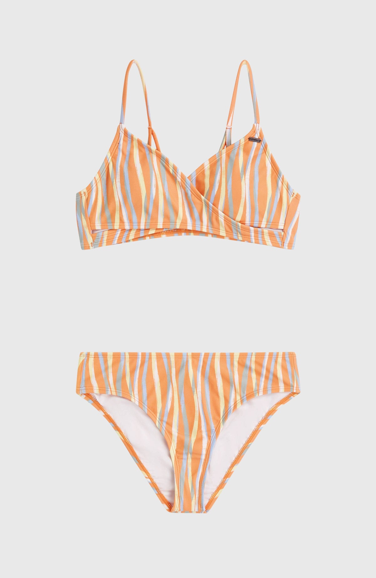 Essentials Baay Bikini-Set für Mädchen, orange mit Streifenmuster in Blau und Gelb, flach liegend von vorne