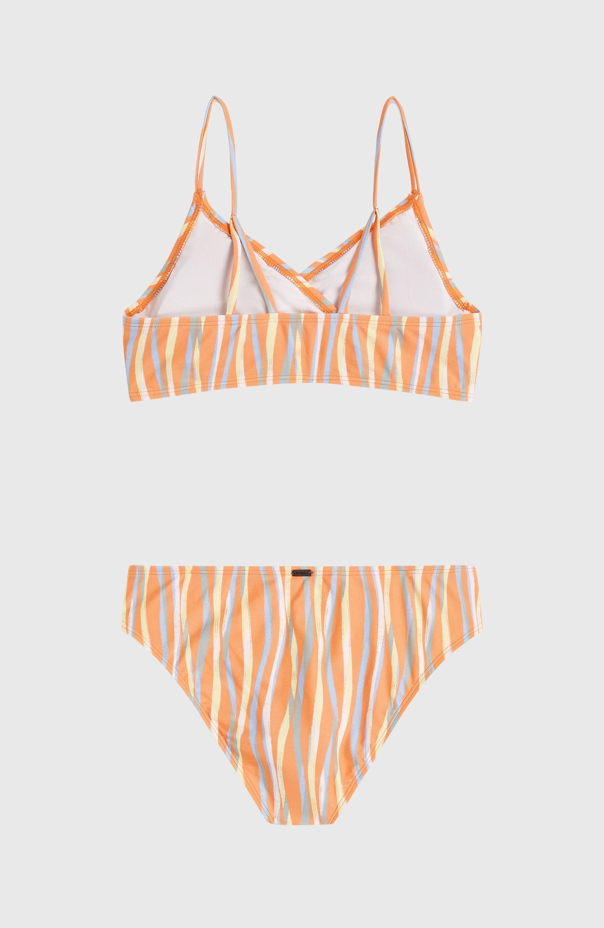 Essentials Baay Bikini-Set für Mädchen, orange mit Streifenmuster in Blau und Gelb, flach liegend von hinten