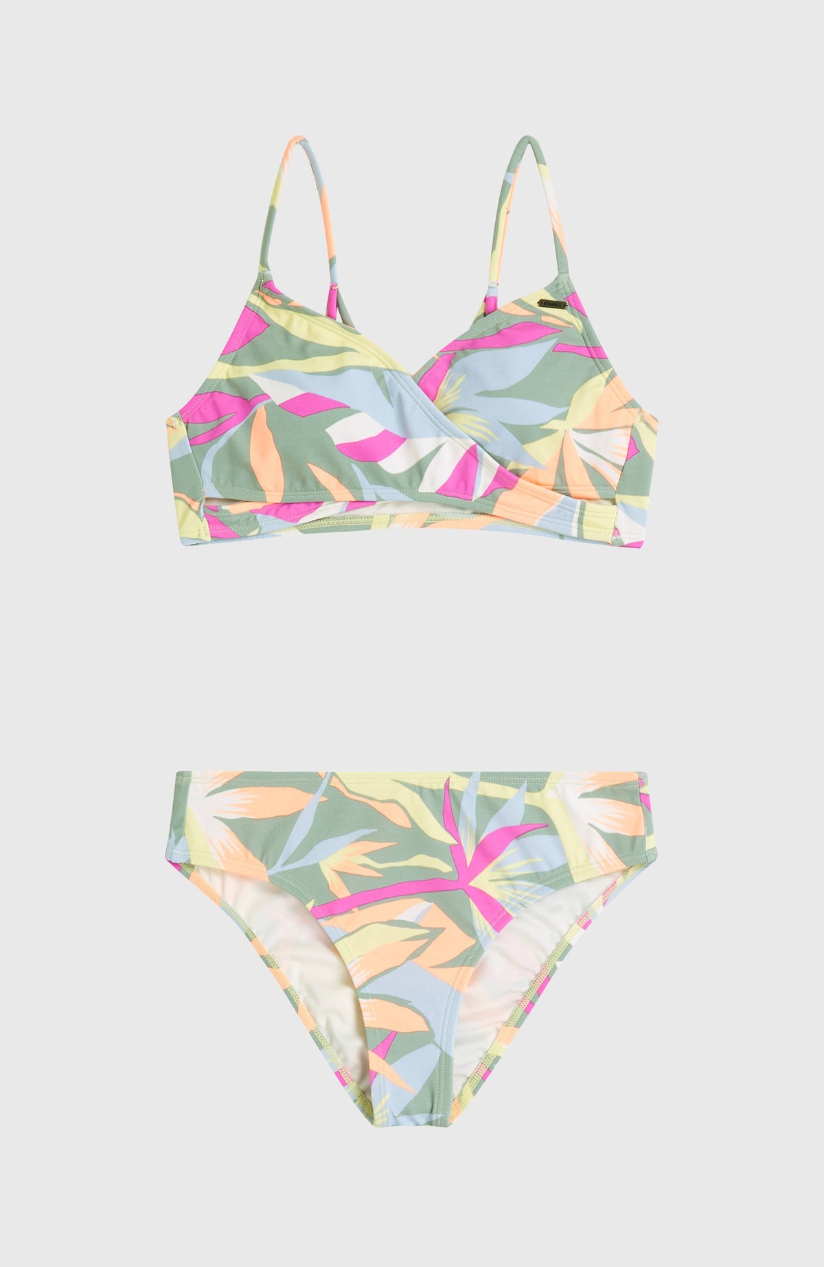 Essentials Baay Bikini-Set, grün mit Tropenmuster in Pink und Orange, flach liegend von vorne mit Wickeldetail am Top