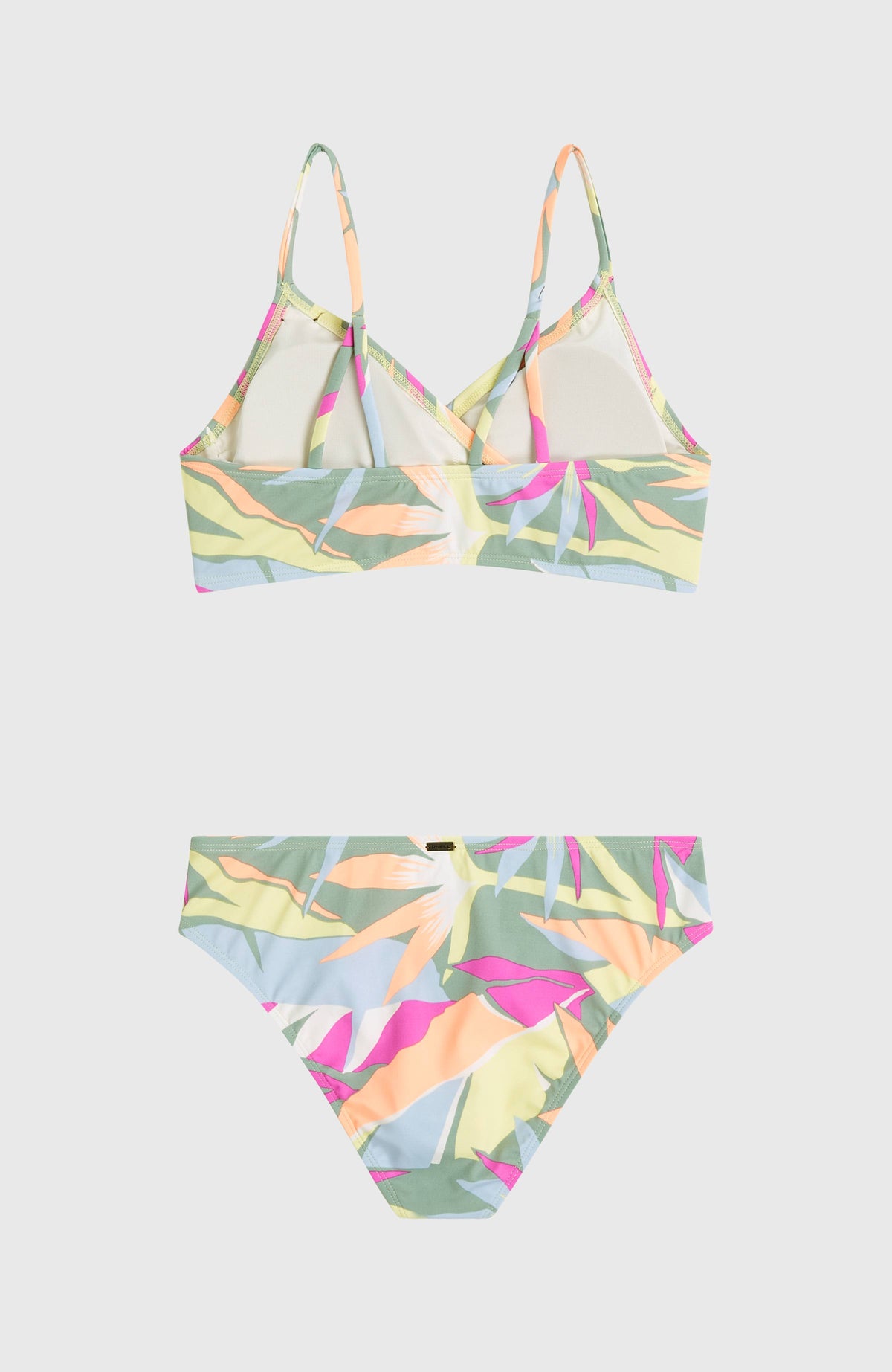 Essentials Baay Bikini-Set, grün mit Tropenmuster in Pink und Orange, flach liegend von hinten, Träger und Bikinihose