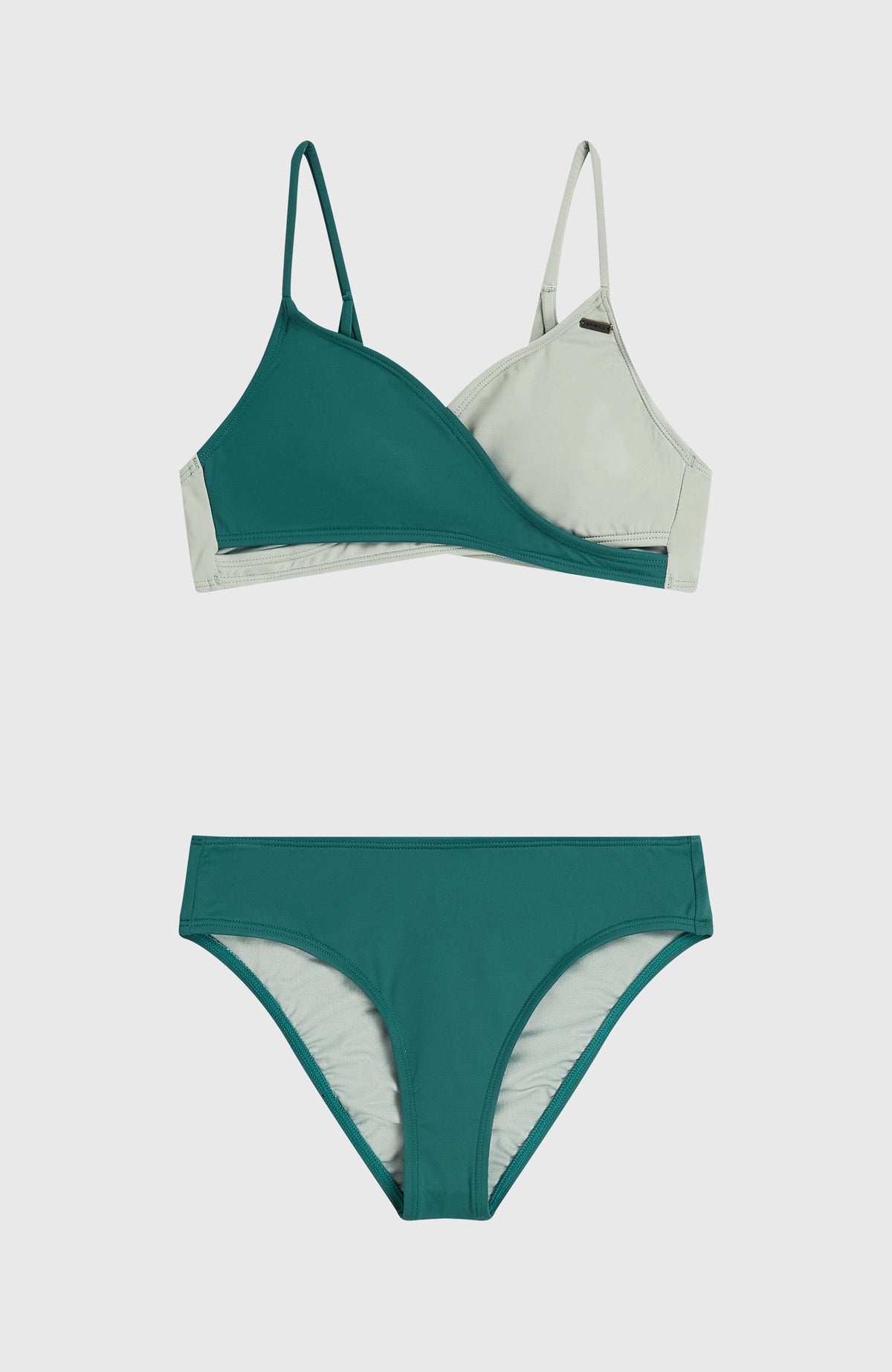 Essentials Baay Bikini-Set für Mädchen, grün, flach liegend von vorne, zweifarbiges Wickel-Top und Bikinihose