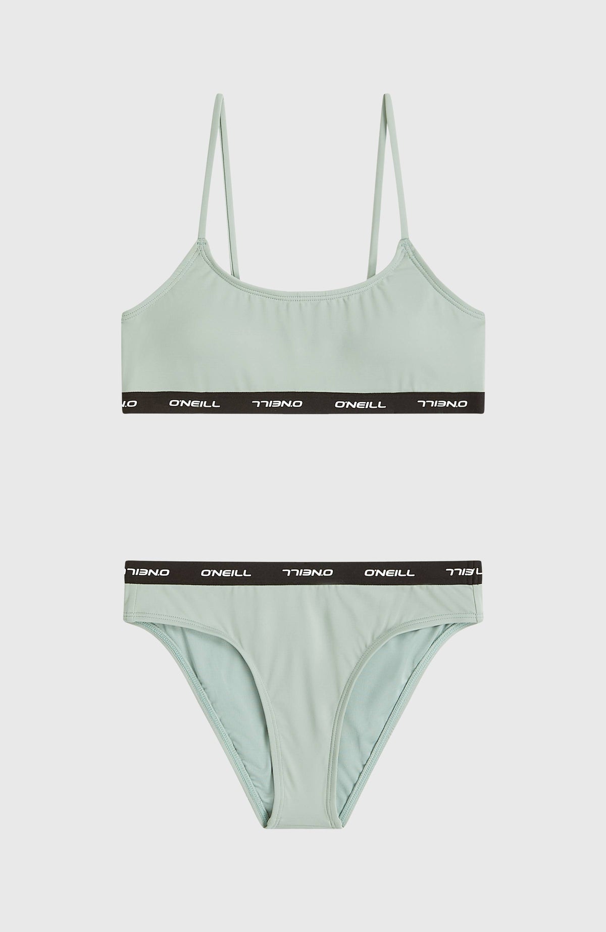Grünes Sport Bikini-Set für Mädchen, flach liegend von vorne, Bralette-Top und Hose mit elastischem Logobund