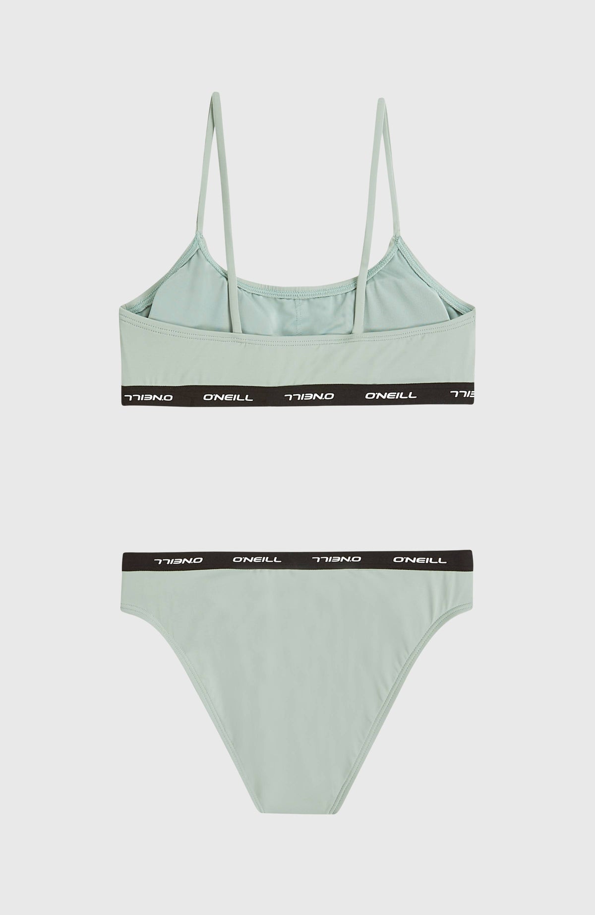 Grünes Sport Bikini-Set für Mädchen, flach liegend von hinten, Rückansicht von Bralette-Top und Bikinihose