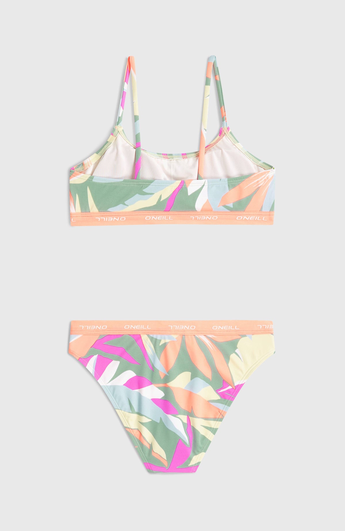 Sport Bikini-Set für Mädchen, grün mit Tropenmuster in Pink und Orange, Oberteil und Hose flach liegend von hinten