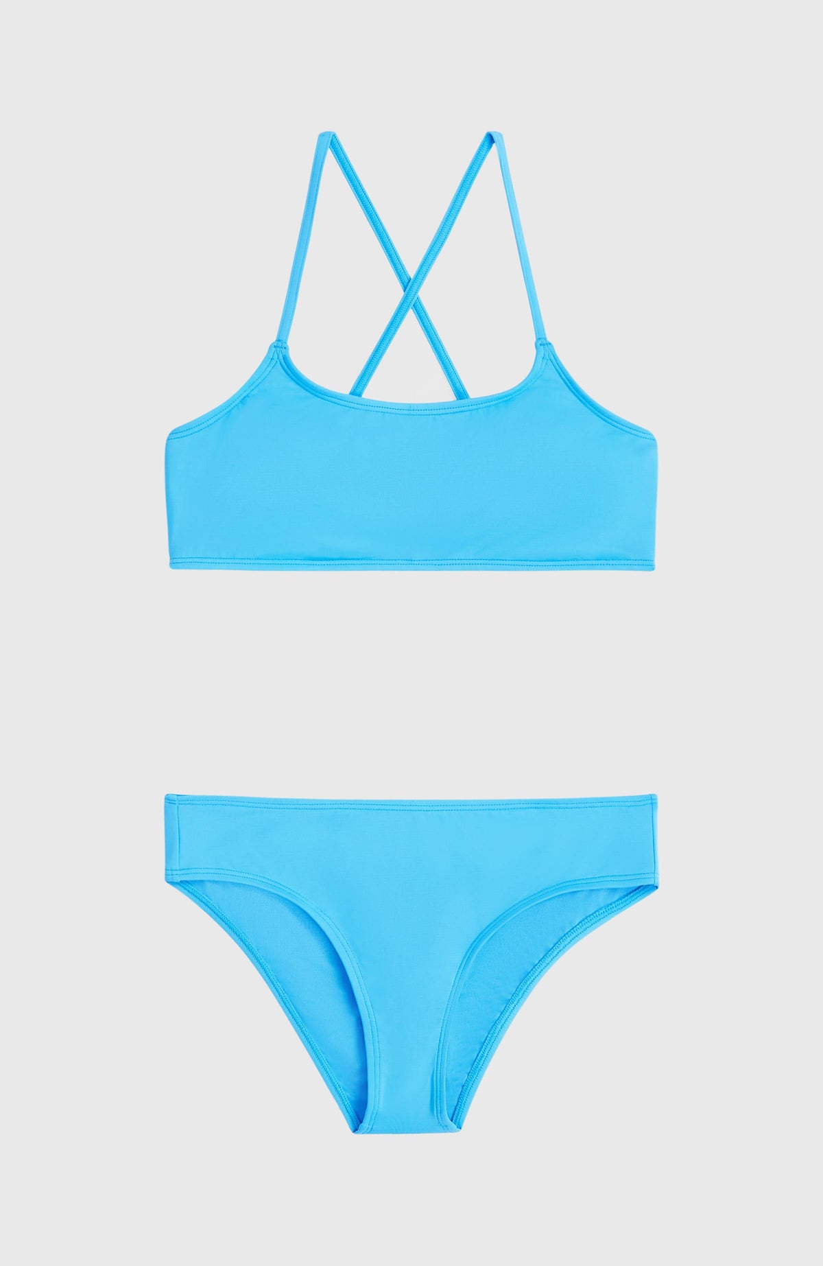 Essentials Bralette-Bikini-Set für Mädchen, blau, flach liegend von vorne mit Oberteil und Hose