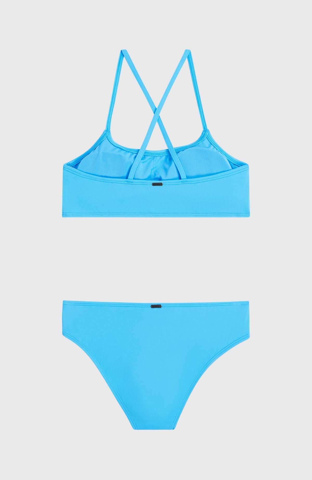 Essentials Bralette-Bikini-Set für Mädchen, blau, flach liegend von hinten mit gekreuzten Trägern