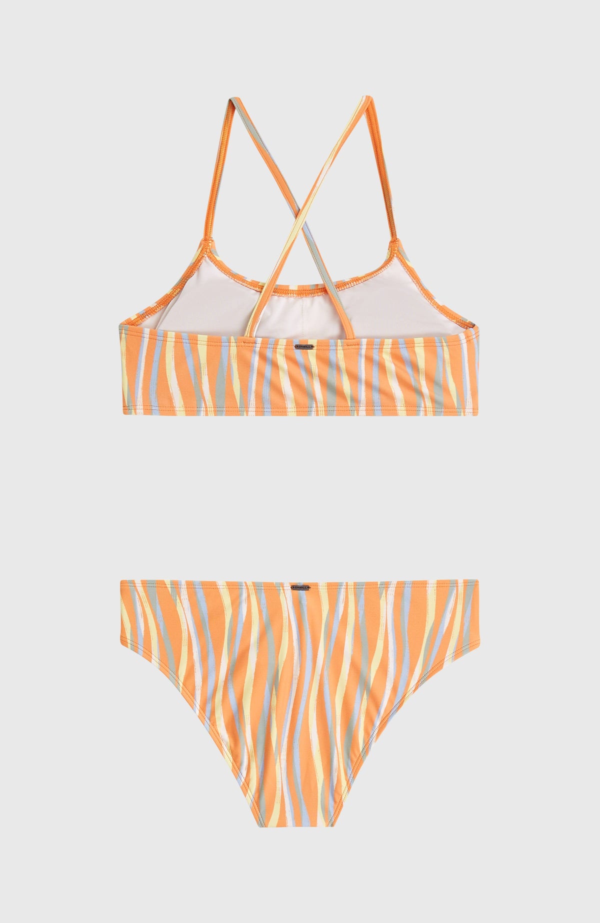 Essentials Bralette-Bikini-Set für Mädchen, orange mit Streifenmuster in Blau und Gelb, flach liegend von hinten
