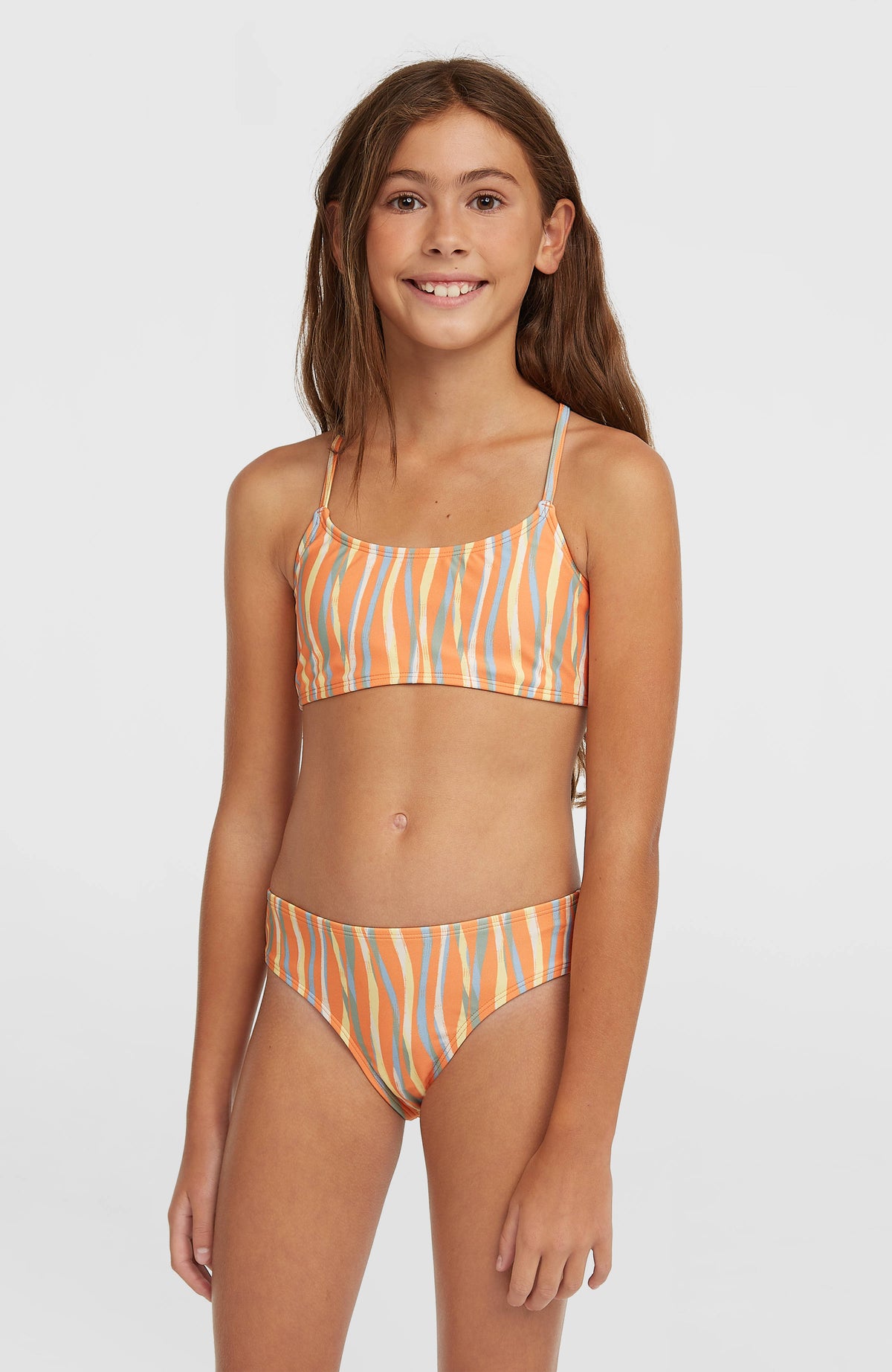 O'Neill Essentials Bralette-Bikini-Set für Mädchen, orange mit Streifenmuster in Blau und Gelb, Vorderansicht