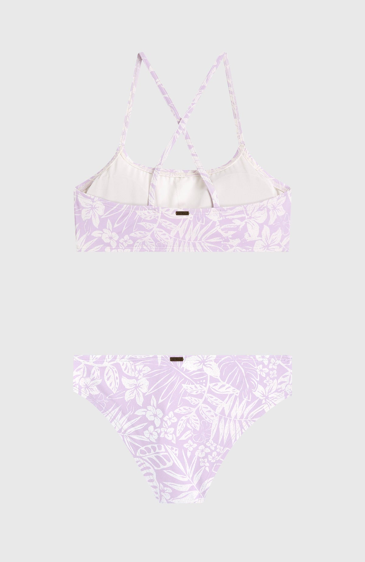 Essentials Bralette-Bikini-Set für Mädchen, lila mit Blumenmuster in Weiß, flach liegend von hinten