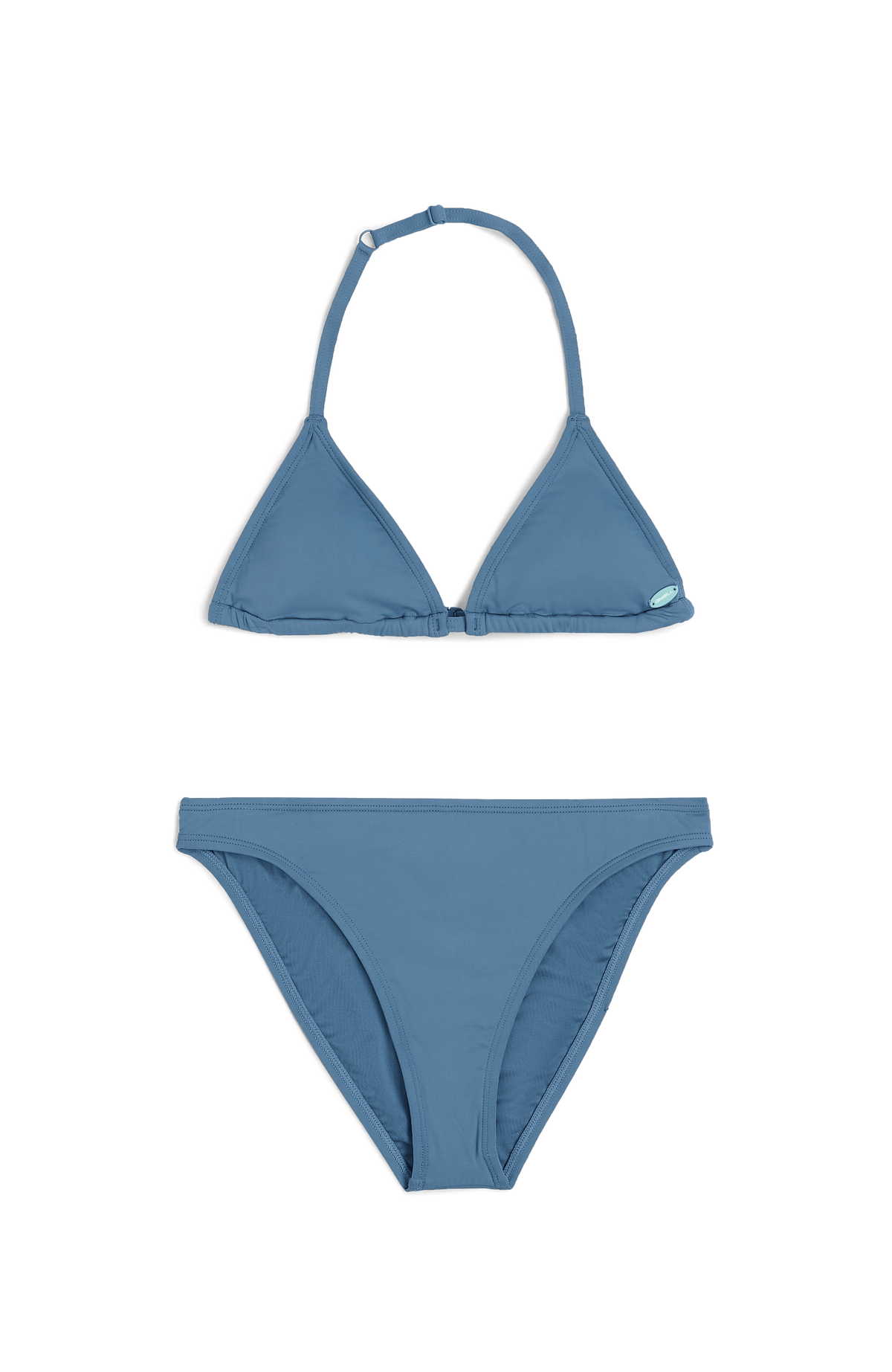 Essentials Triangel-Bikini-Set für Mädchen, blau, freigestellt von vorne mit Logo-Badge am Top