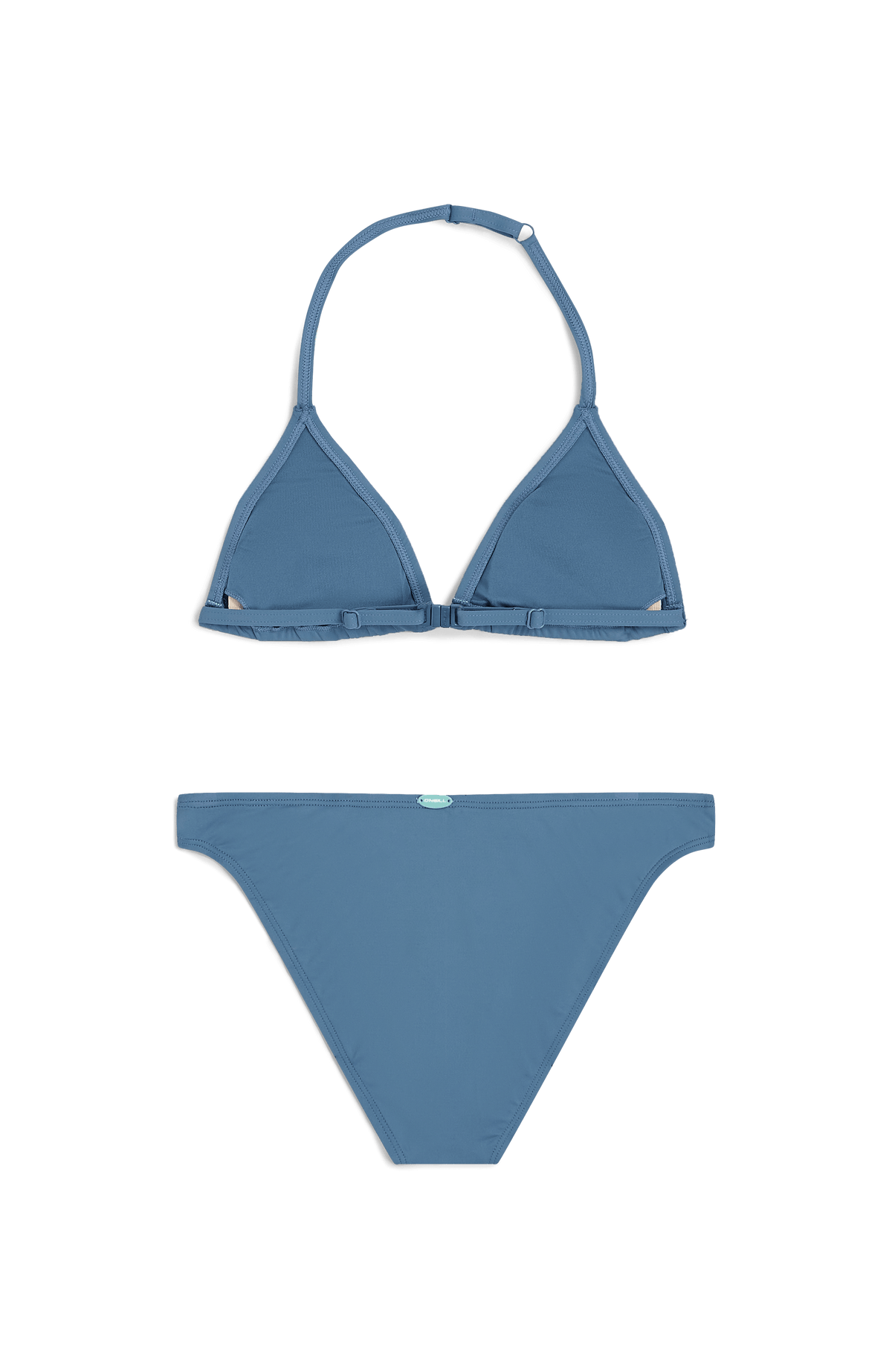 Essentials Triangel-Bikini-Set für Mädchen, blau, freigestellt von hinten mit Logo-Badge am Bund