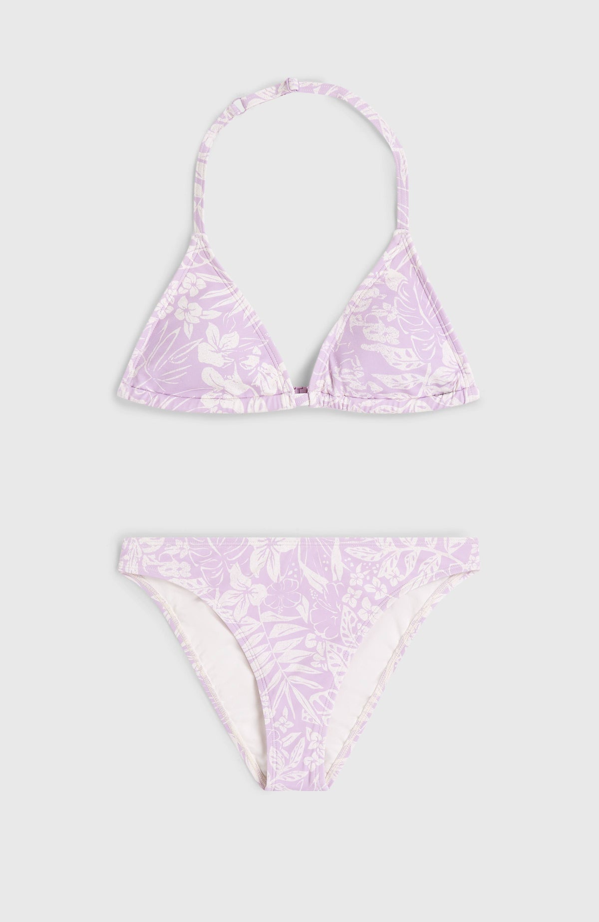 Essentials Triangel-Bikini-Set für Mädchen, lila mit Blumenmuster in Weiß, flach liegend von vorne