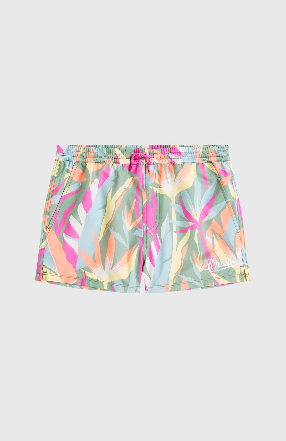 Essentials Badehose für Mädchen, grün mit Tropenmuster in Pink und Gelb, flach liegend von vorne, Kordelzug