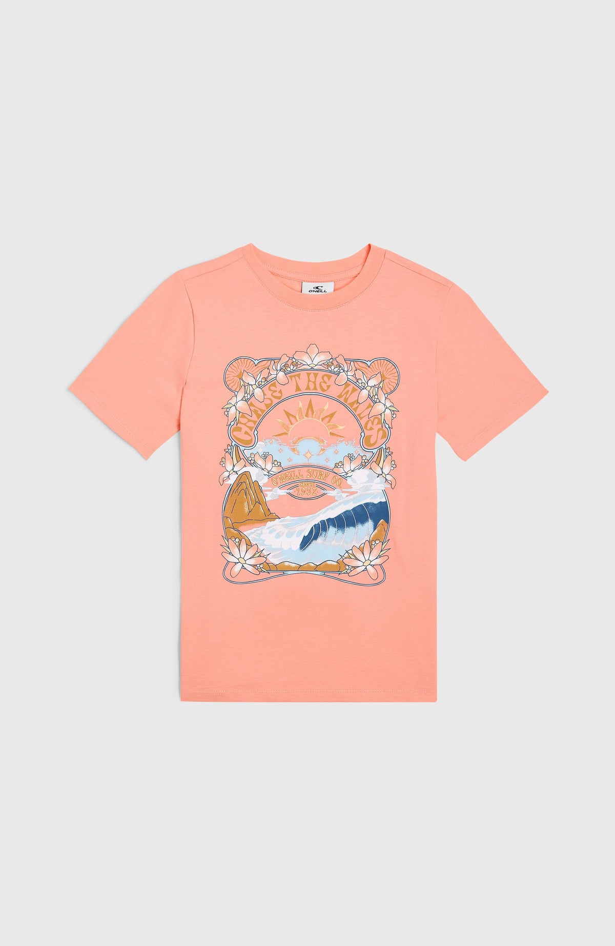 Front Graphic T-Shirt für Mädchen, pink mit Grafik-Print in Orange und Blau, flach liegend in der Vorderansicht