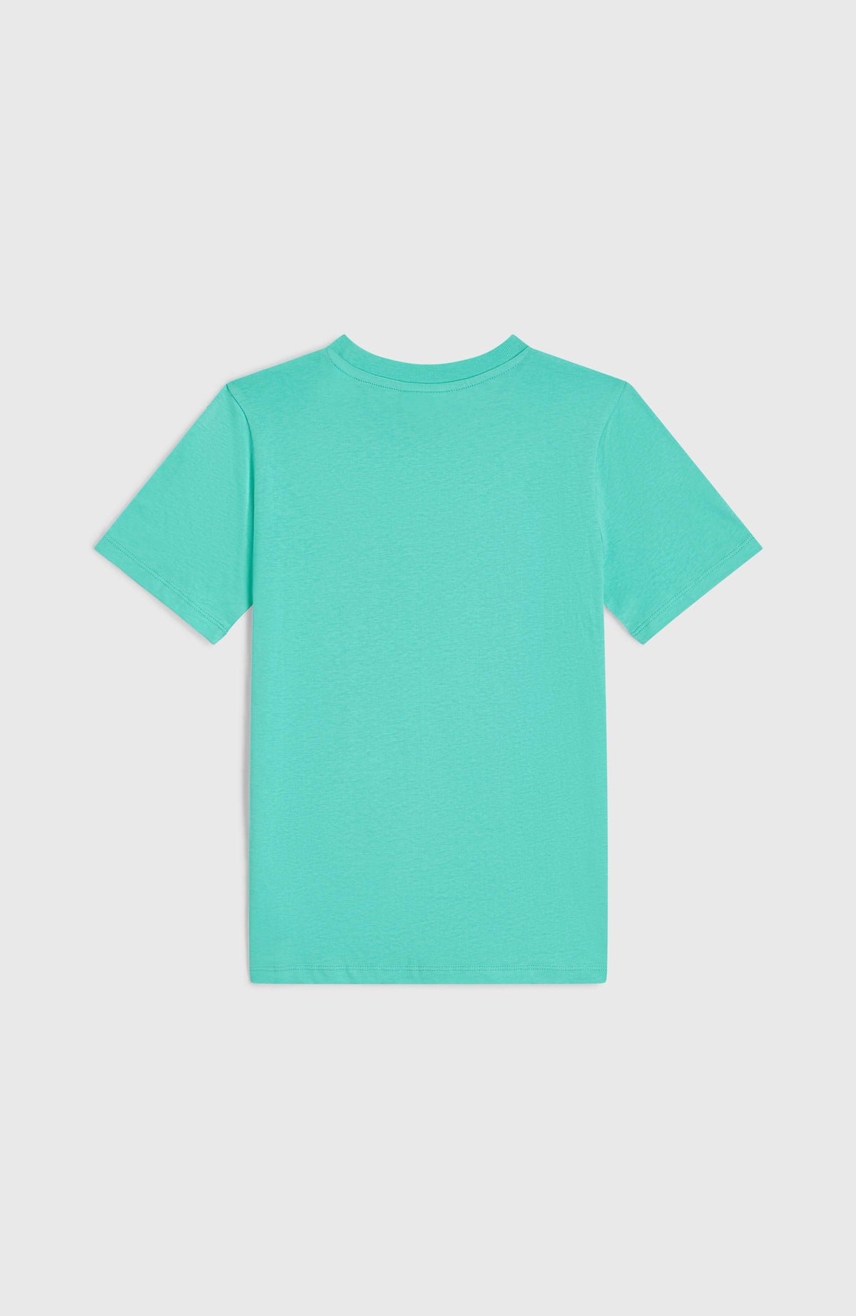 Front Graphic T-Shirt für Mädchen, blau, flach liegend von hinten mit geripptem Rundhalsausschnitt