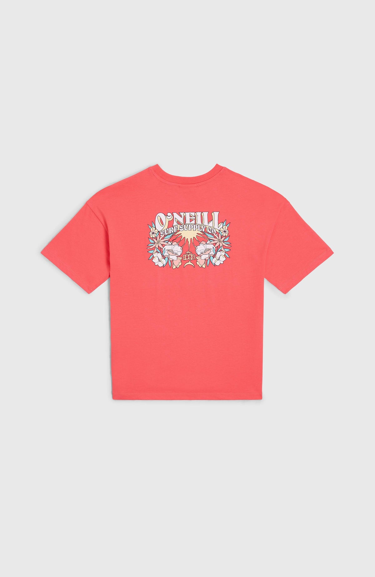 Back Print T-Shirt für Mädchen, pink mit Logo-Print in Weiß und Gelb, flach liegend von hinten