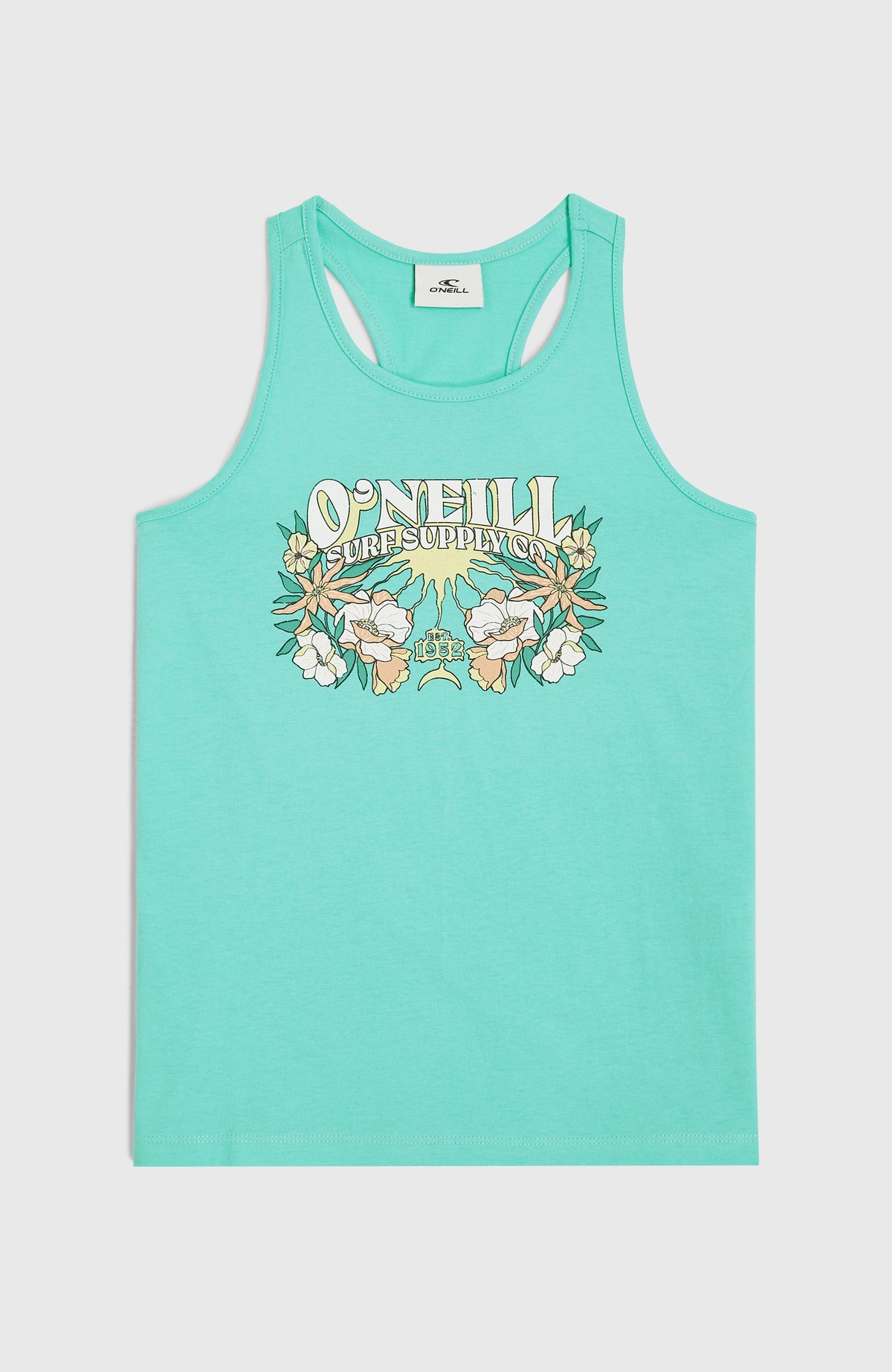 Blaues Summer Graphic Tanktop für Mädchen mit Grafikprint in Weiß und Gelb, flach liegend von vorne