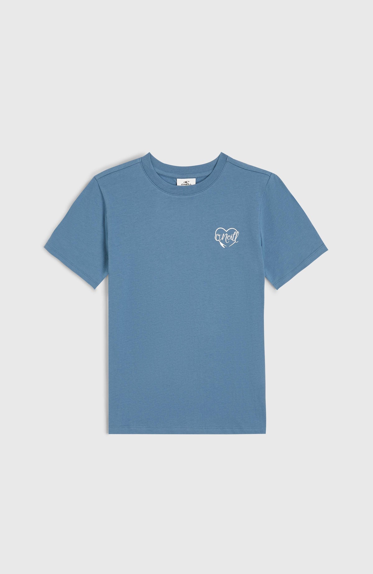 Script T-Shirt für Mädchen, blau mit Logo-Print in Weiß, flach liegend von vorne