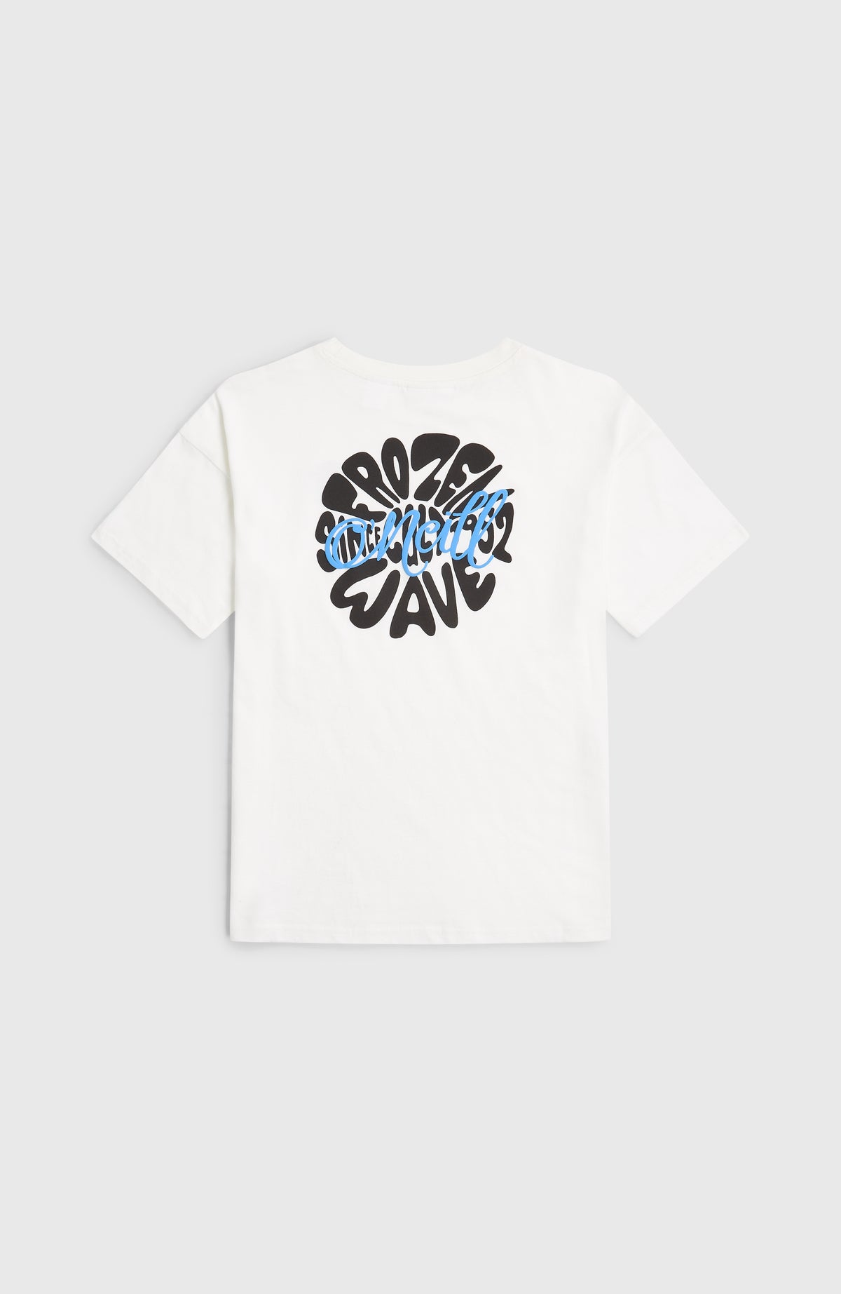 Graphic T-Shirt für Mädchen, weiß mit Grafik-Print in Schwarz und Hellblau, flach liegend von hinten