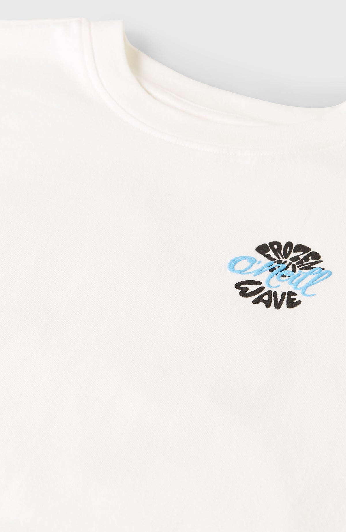 Graphic T-Shirt für Mädchen, weiß mit Grafik-Print in Schwarz und Hellblau, Nahaufnahme flach liegend