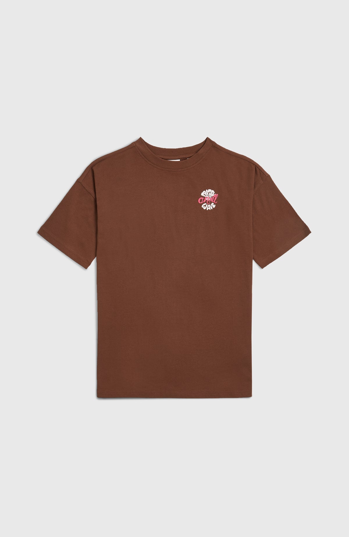 Graphic T-Shirt für Mädchen, braun mit Logo-Print in Weiß und Pink, flach liegend von vorne