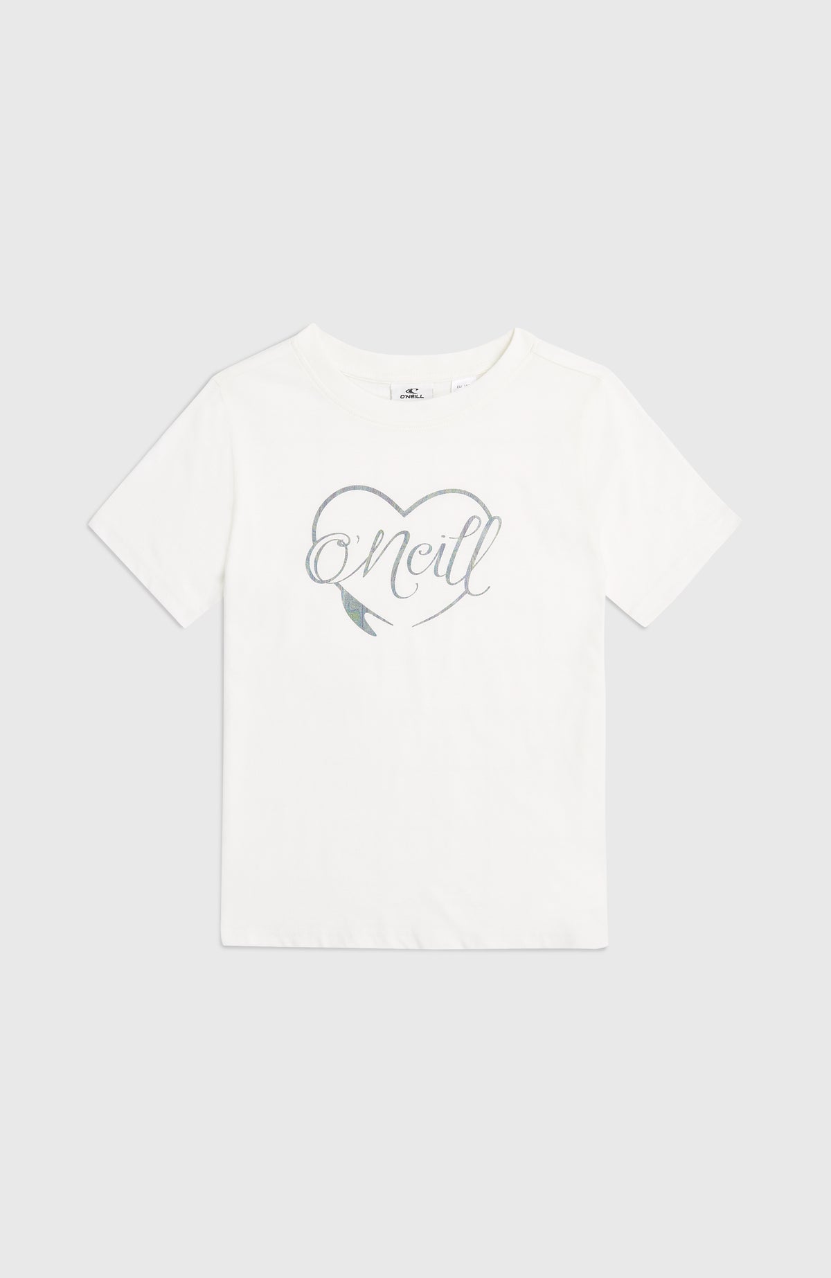 Essentials T-Shirt für Mädchen, weiß mit Logo-Print in Silber, flach liegend von vorne mit Rundhalsausschnitt