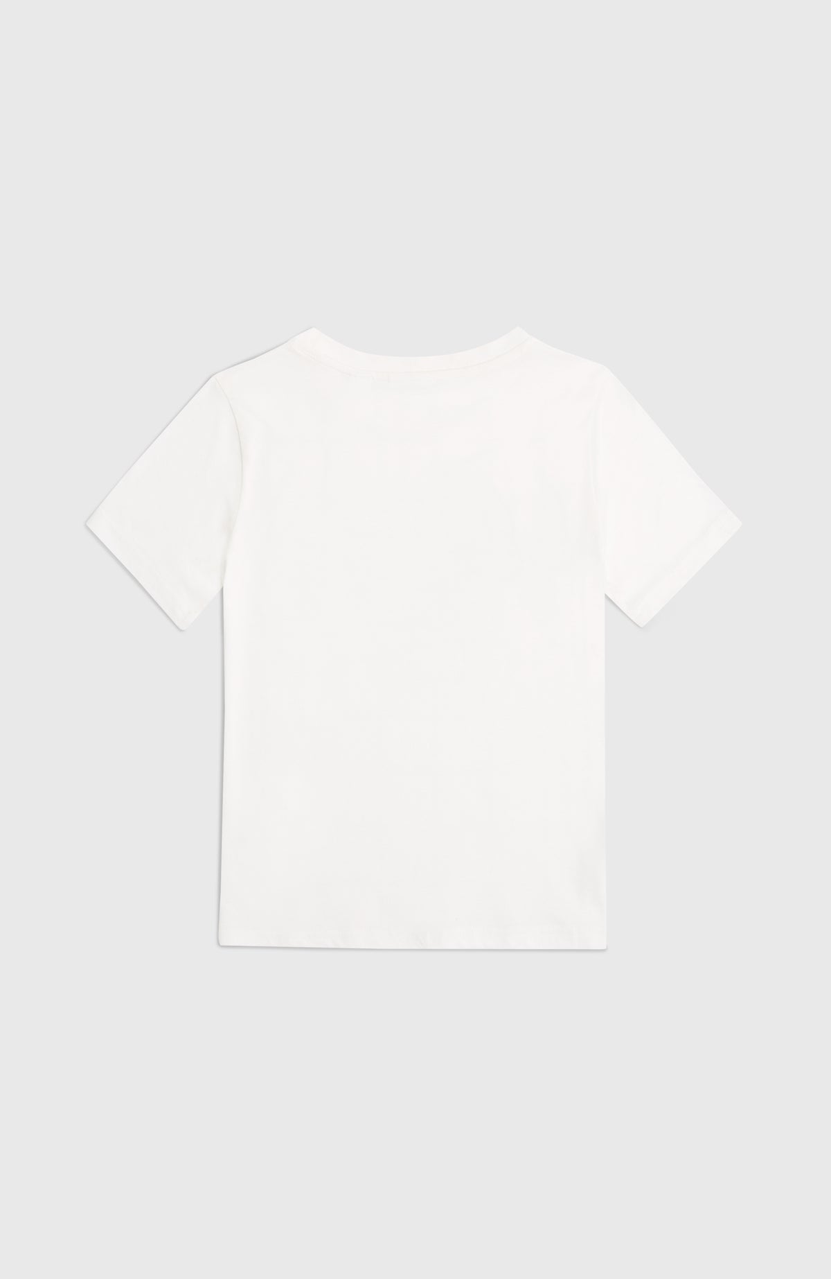 Essentials T-Shirt für Mädchen, weiß mit Logo-Print in Silber, flach liegend von hinten mit kurzen Ärmeln