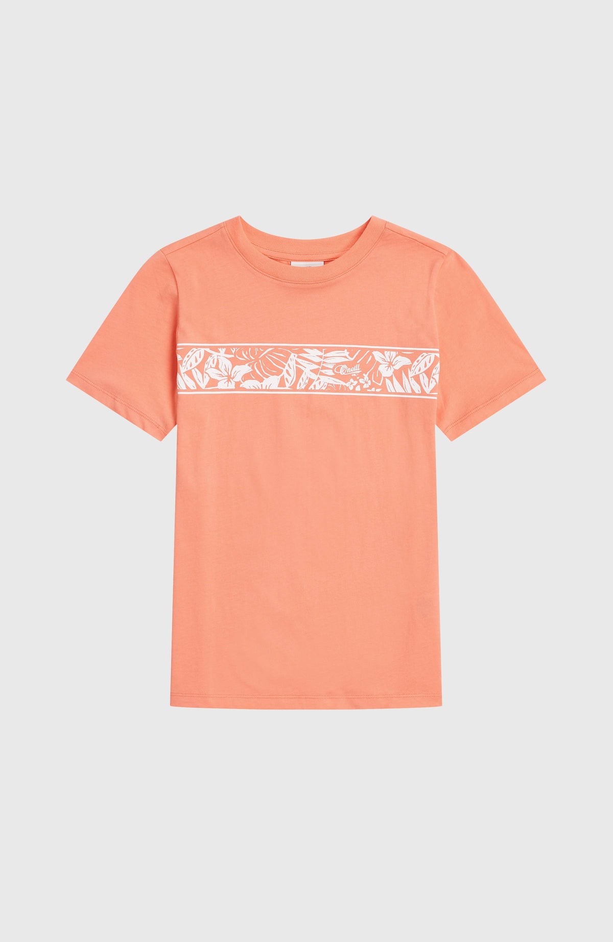 Graphic T-Shirt für Mädchen, orange mit Blumenmuster in Weiß, flach liegend von vorne