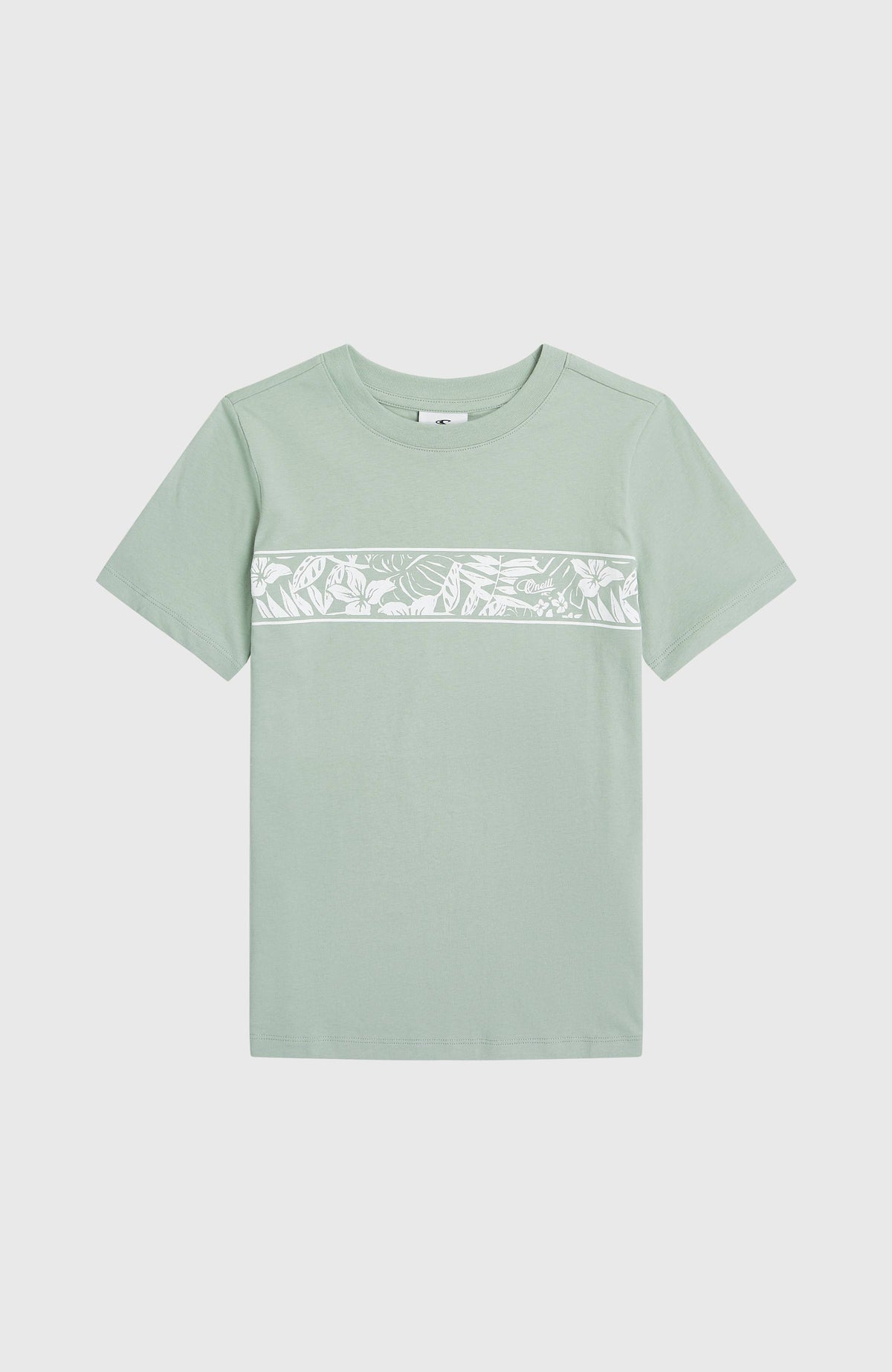 Graphic T-Shirt für Mädchen, grün mit Blumenmuster in Weiß, flach liegend von vorne