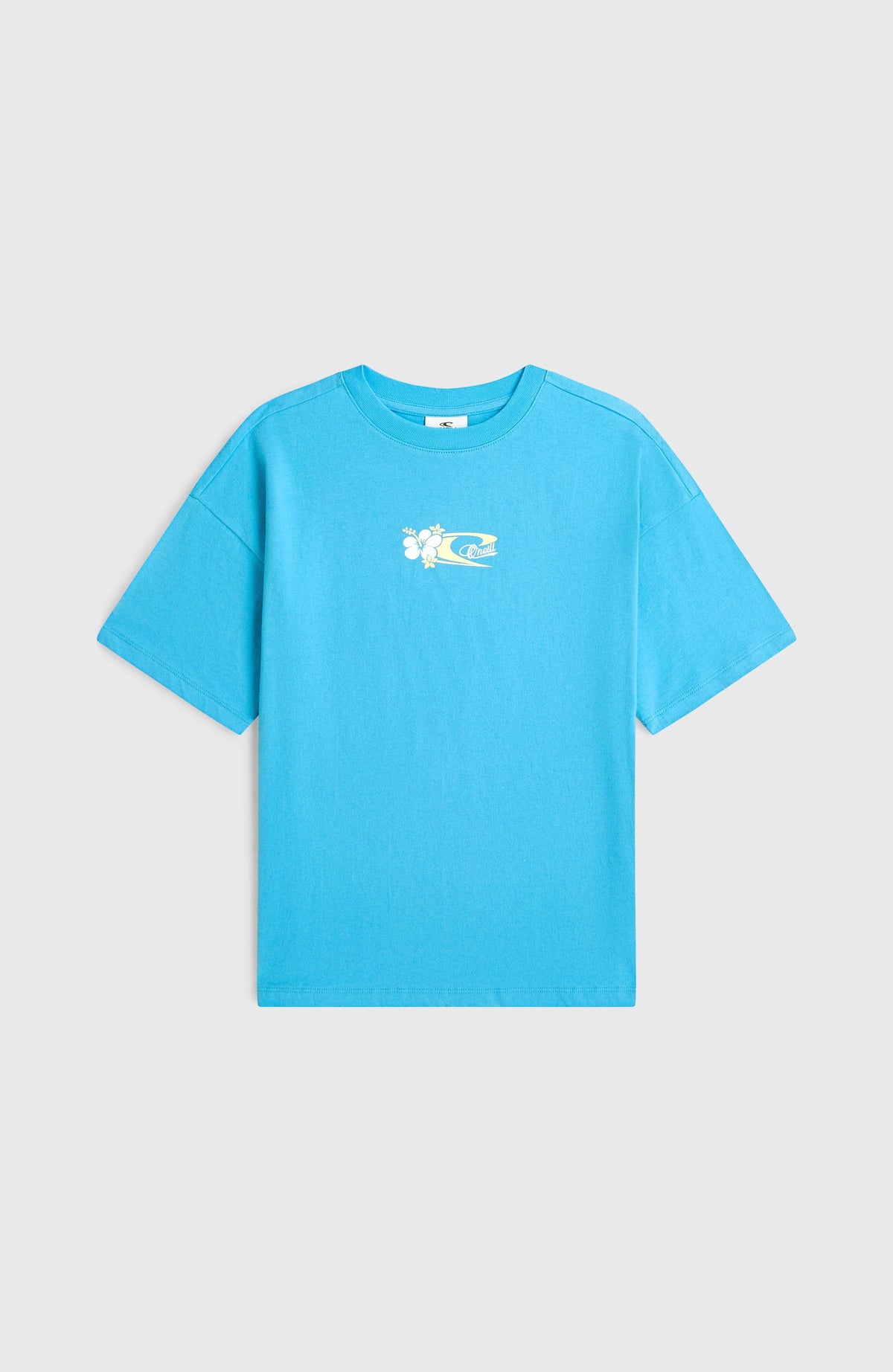 Back Print T-Shirt für Mädchen, blau mit Grafik-Print in Weiß und Gelb, flach liegend von vorne mit Rundhalsausschnitt