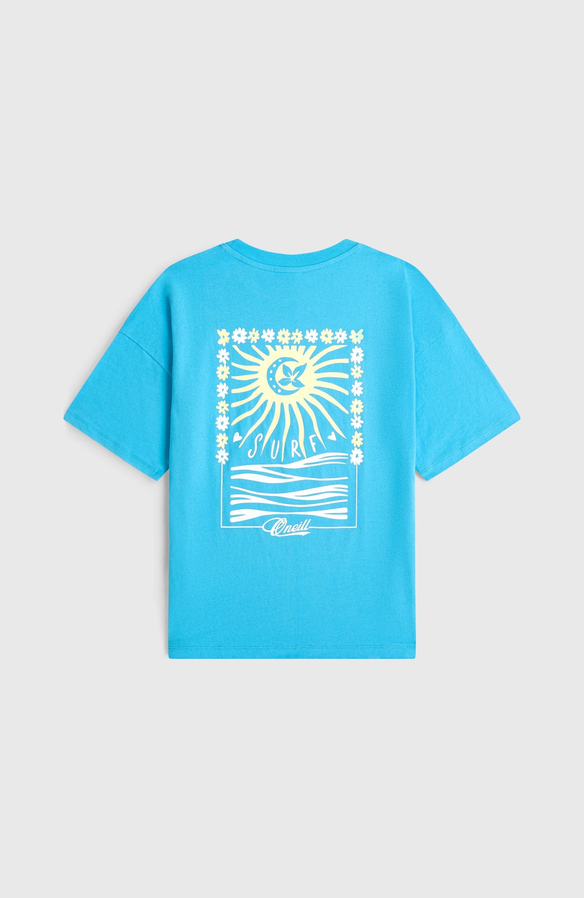 Back Print T-Shirt für Mädchen, blau mit Grafik-Print in Weiß und Gelb, flach liegend von hinten mit Rückenmotiv