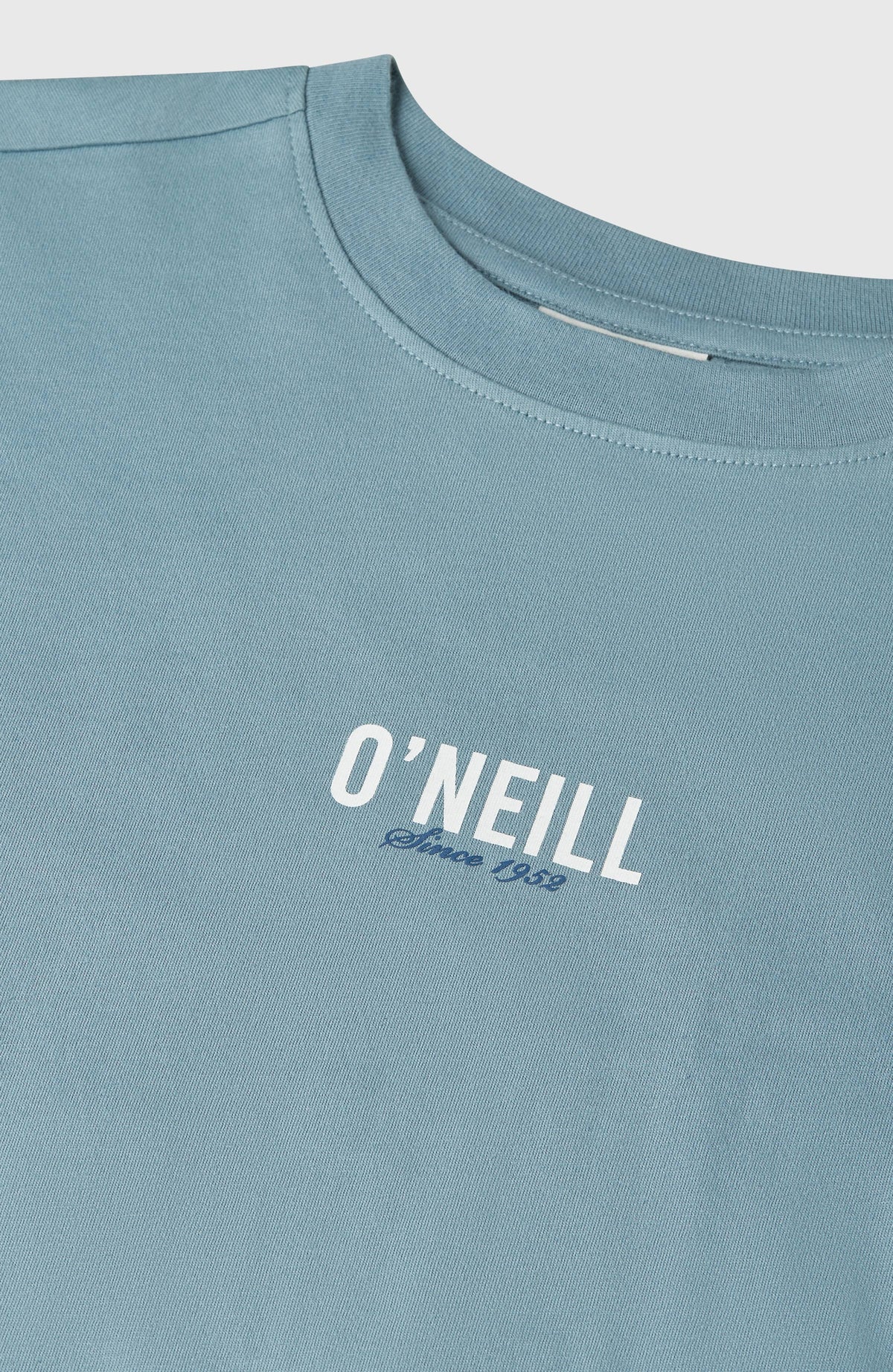 Nahaufnahme von Ausschnitt und Logo-Print des blauen Back-Print T-Shirts, freigestellt