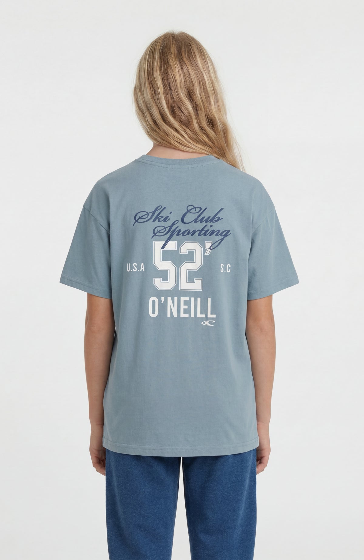 Back-Print T-Shirt für Mädchen, blau, Rückansicht am Model
