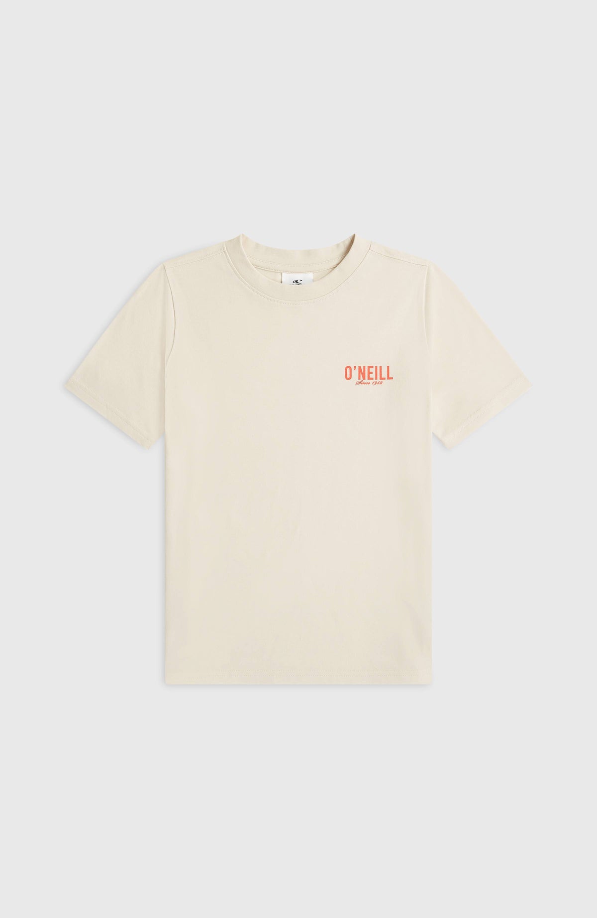 Essentials T-Shirt für Mädchen, weiß mit Logo-Print in Orange, flach liegend von vorne