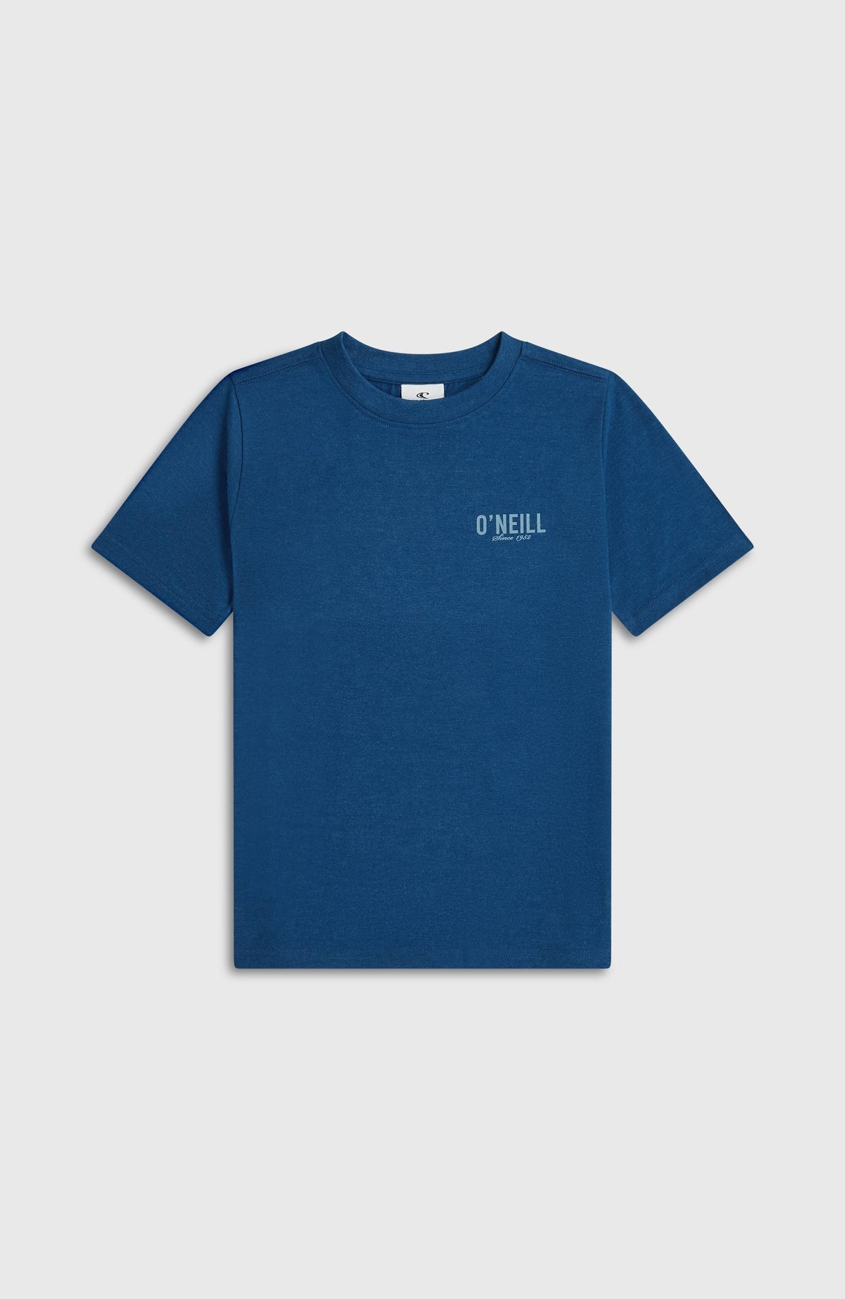 Blaues Essentials T-Shirt für Mädchen, flach liegend von vorne mit Logo-Print