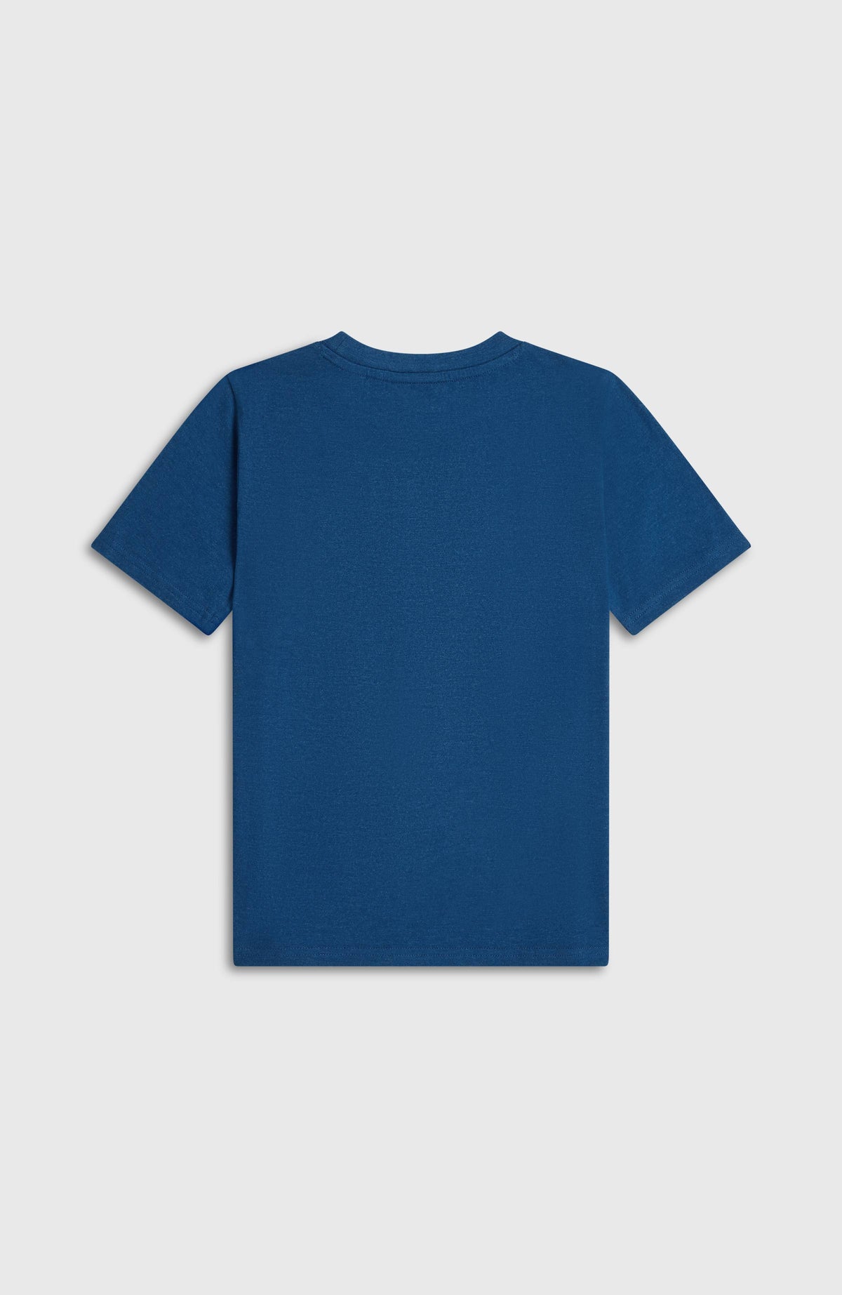 Blaues Essentials T-Shirt für Mädchen, flach liegend von hinten mit geradem Saum