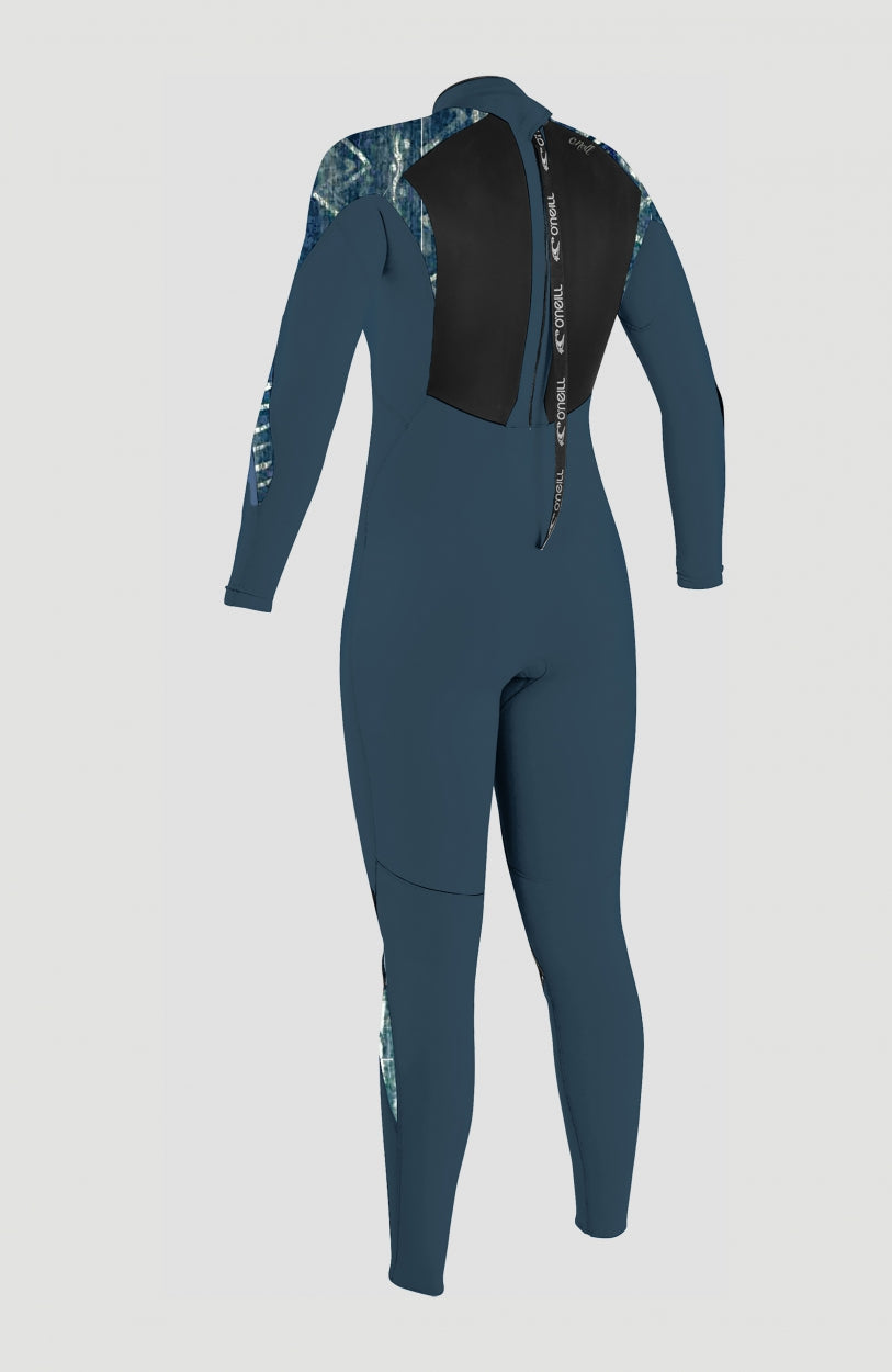 Epic 4/3mm Back Zip Full Wetsuit Neoprenanzug, blau mit Streifenmuster in Weiß, freigestellt von hinten mit Reißverschluss