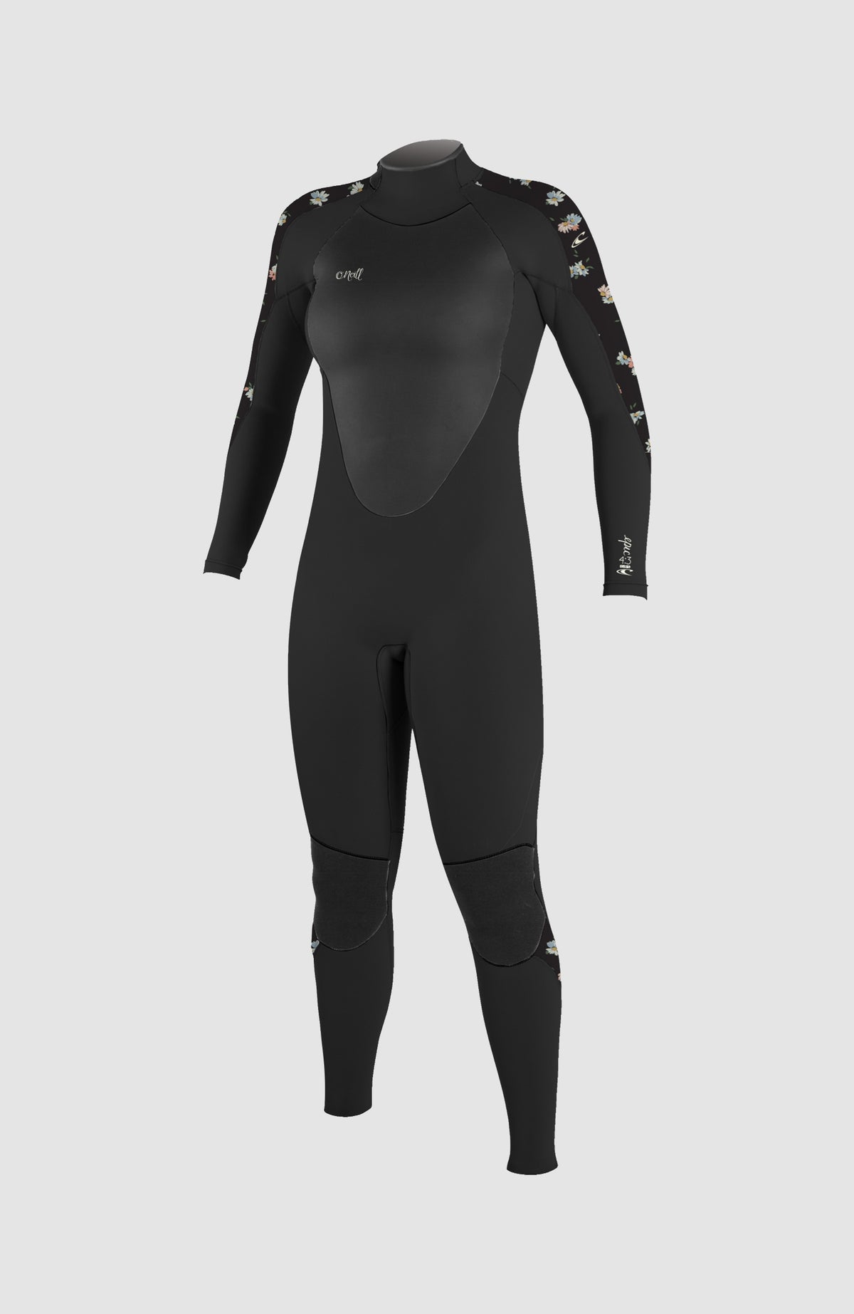 O'Neill Epic 4/3mm Back Zip Full Wetsuit Neoprenanzug für Damen, schwarz mit Blumenmuster in Mehrfarbig, Vorderansicht