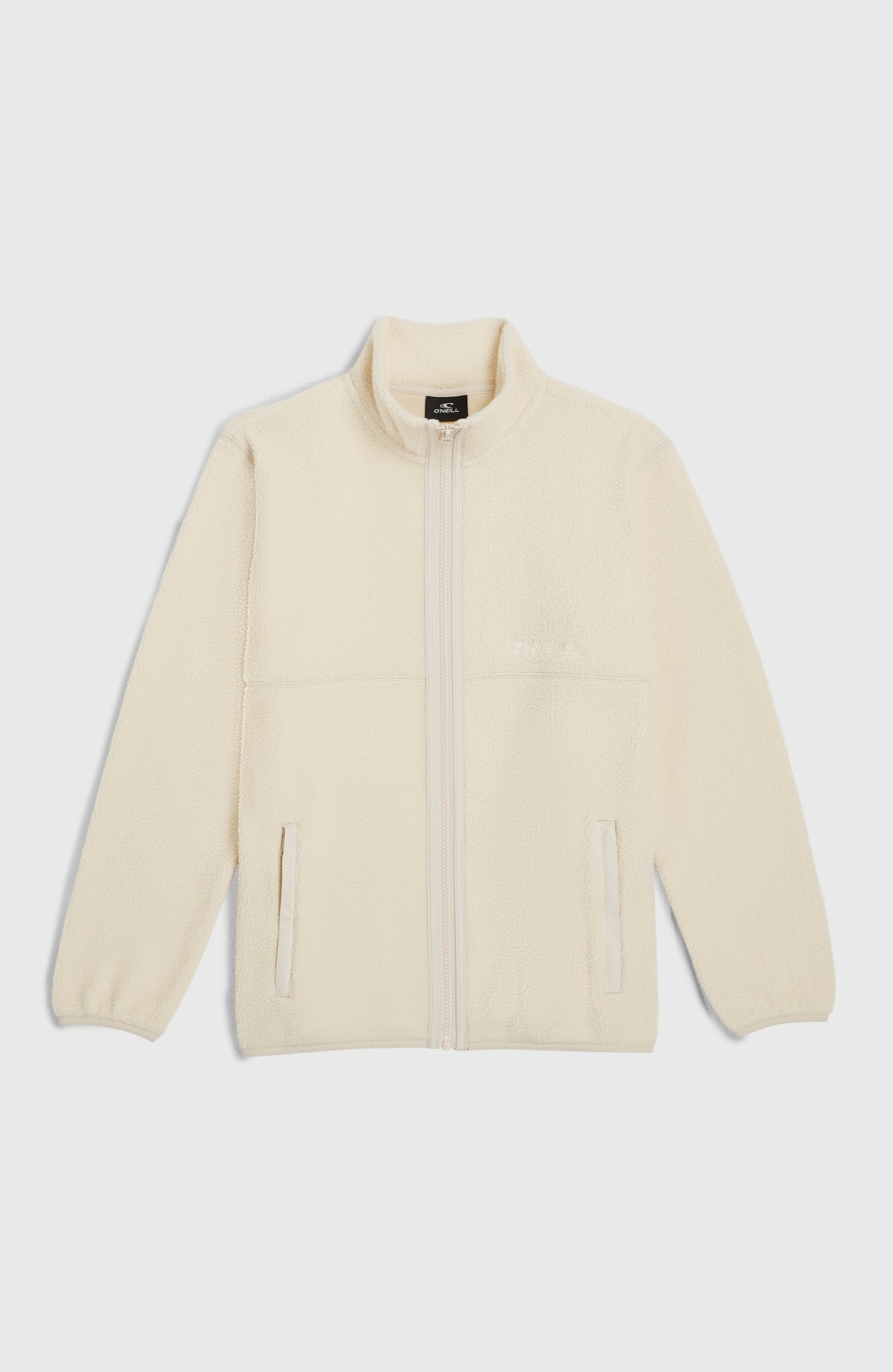 Flauschige Fleecejacke für Jungen, beige, flach liegend von vorne, durchgehender Reißverschluss und Taschen