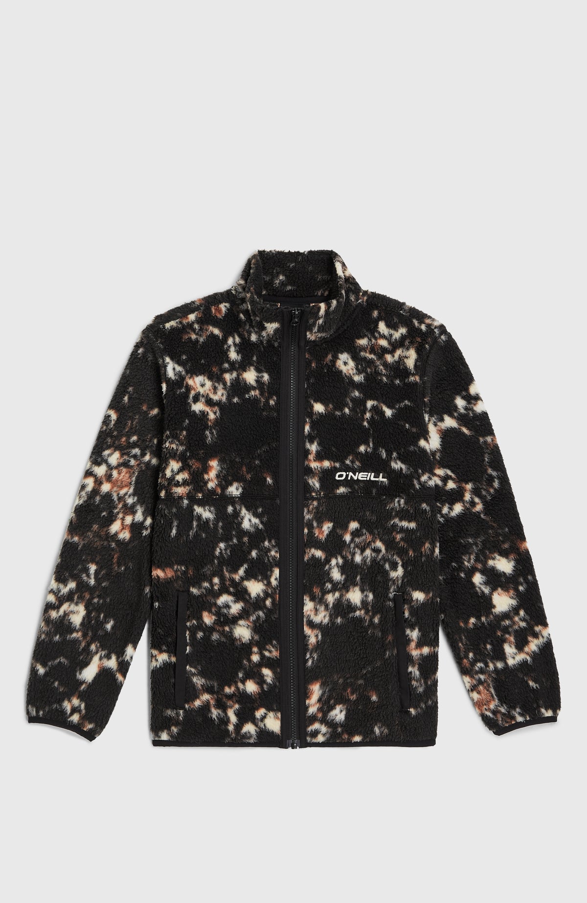 Flauschige Fleecejacke für Jungen, schwarz mit Allover-Muster in Beige, flach liegend von vorne mit Reißverschluss