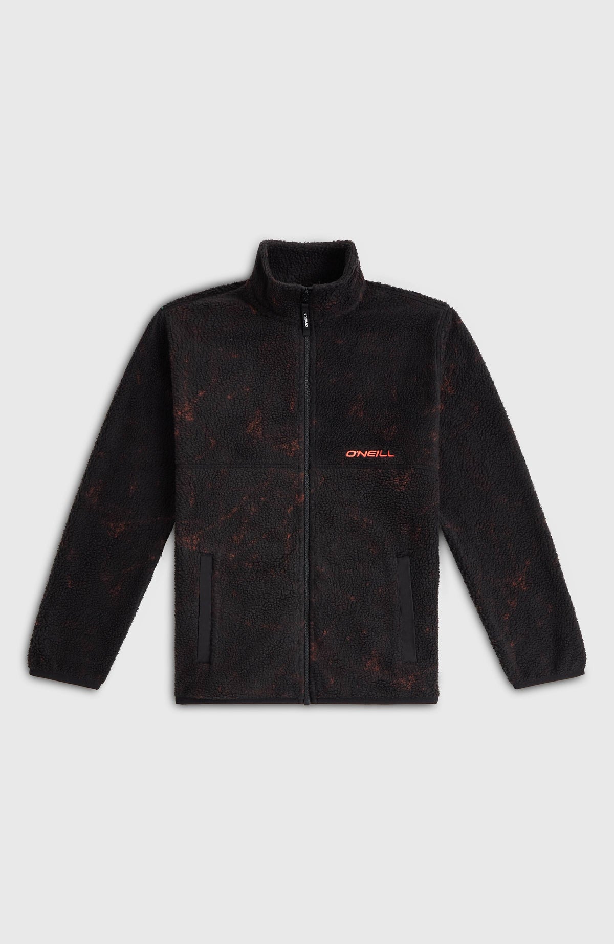Schwarze Flauschige Fleecejacke für Jungen mit Batikmuster in Orange, flach liegend von vorne