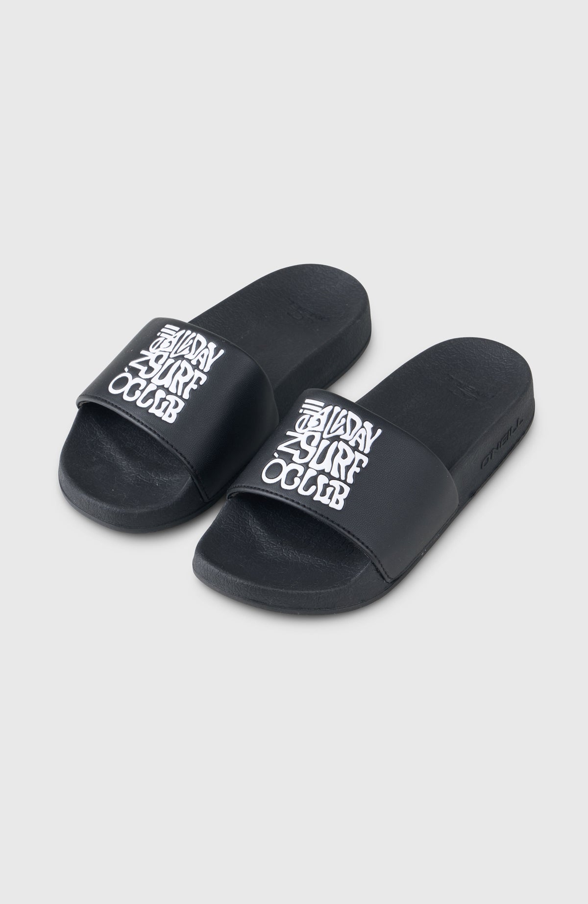 O'Neill Graphic Slides für Jungen, schwarz mit Grafik-Print in Weiß, freigestellt von schräg oben