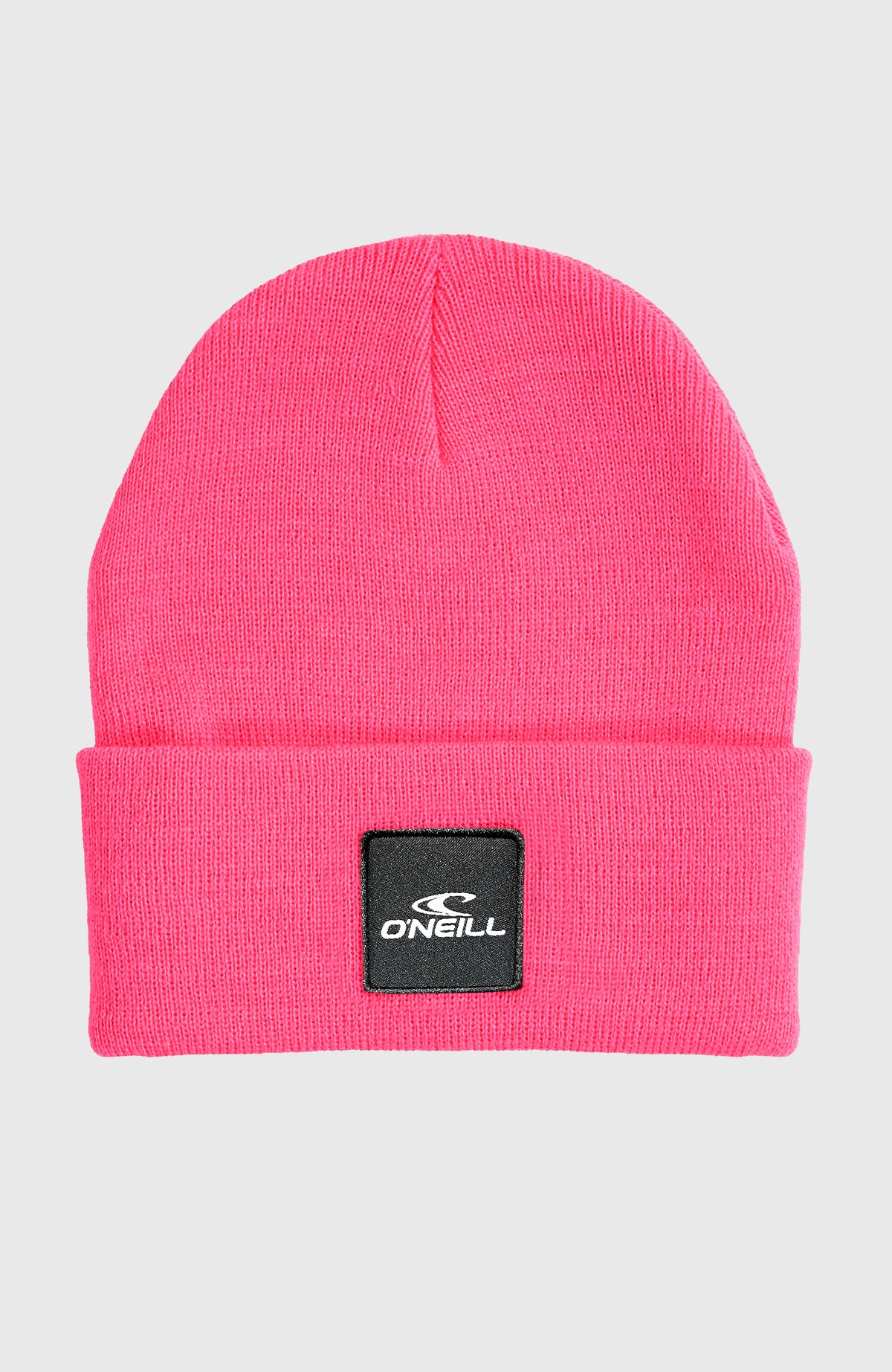 O'Neill Snow Beanie für Kinder, pink, flach liegend von vorne mit schwarzem Logo-Aufnäher auf dem Umschlag