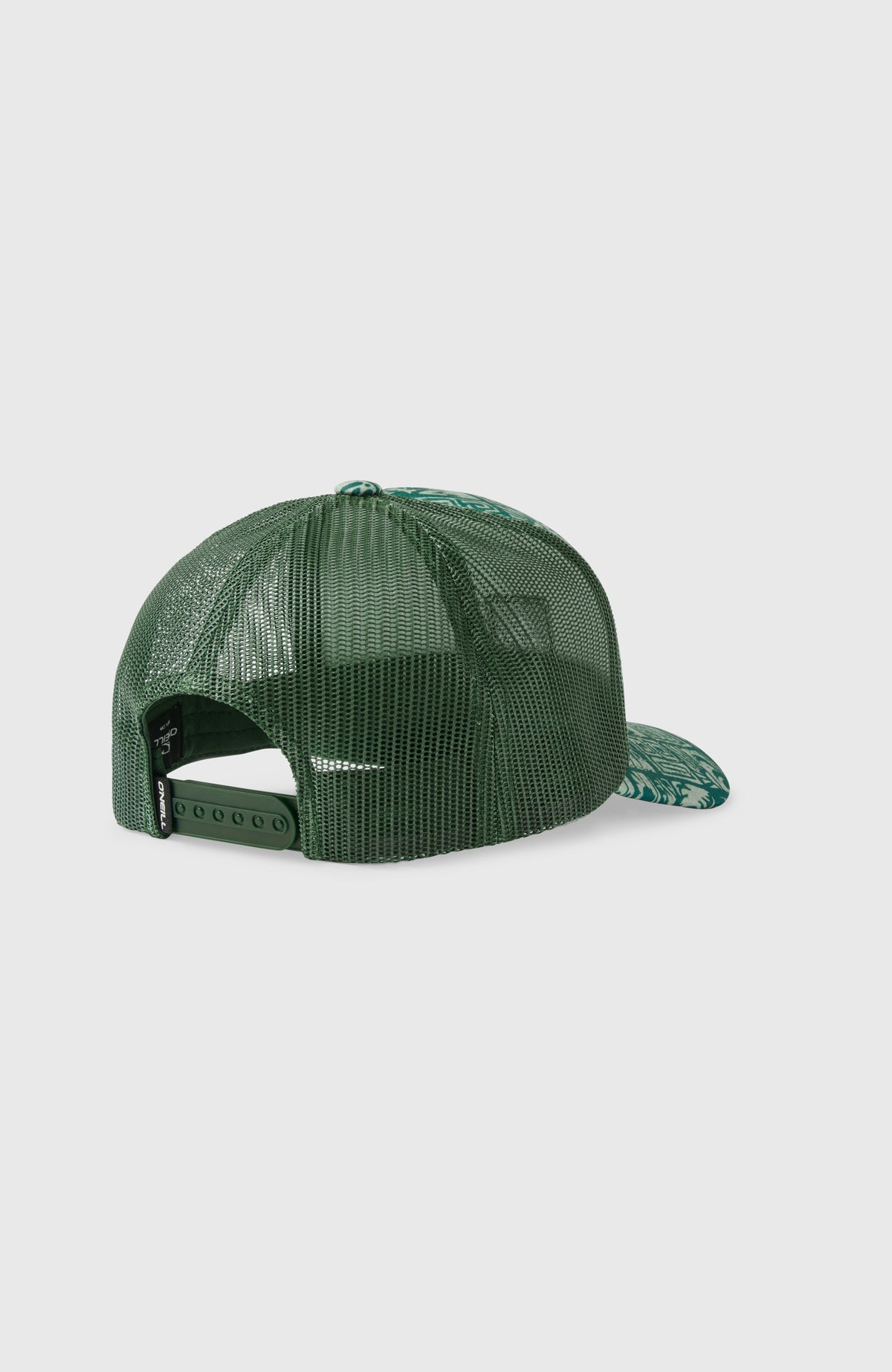 Summer Camp Trucker Cap, blau mit Grafikmuster in Weiß, freigestellt von hinten mit Snapback-Verschluss