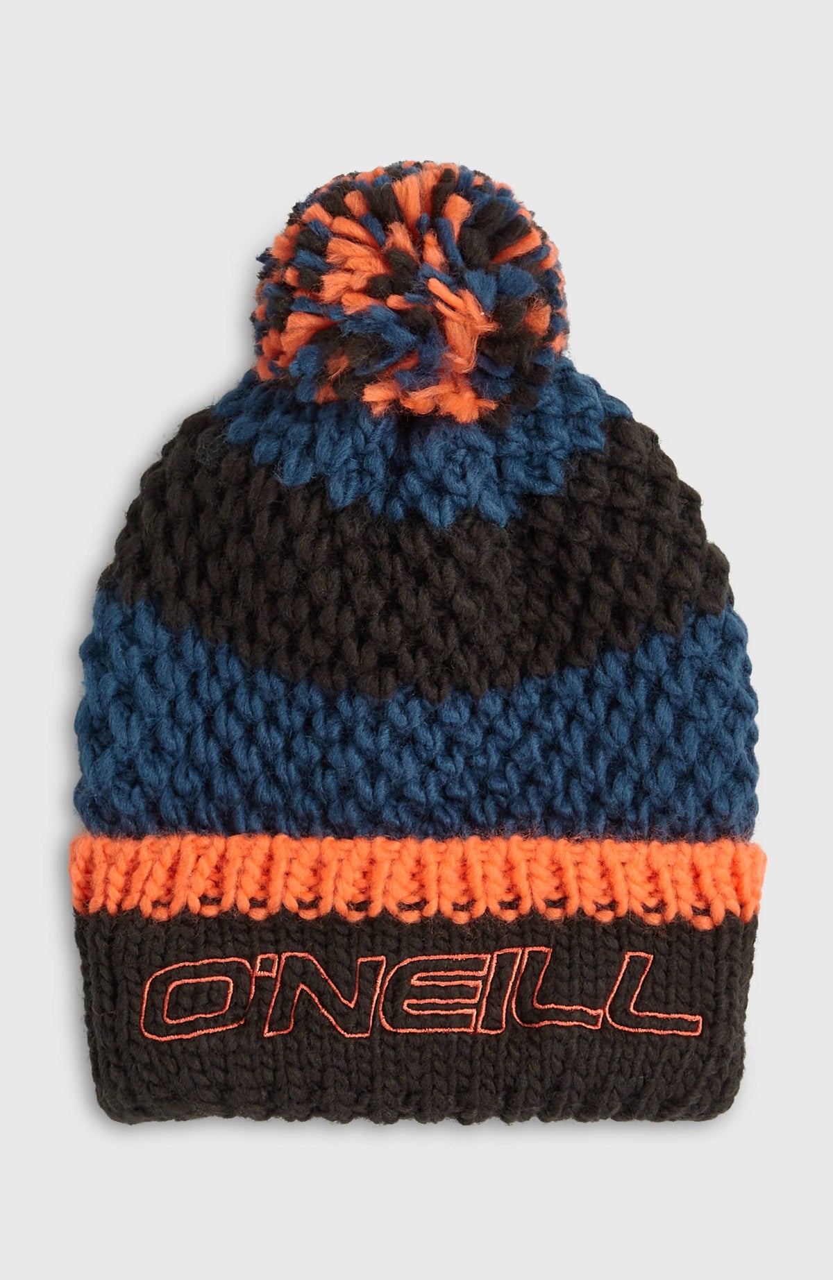 O'Neill Powder Beanie für Jungen, blau mit Streifenmuster in Schwarz und Orange, freigestellt von vorne